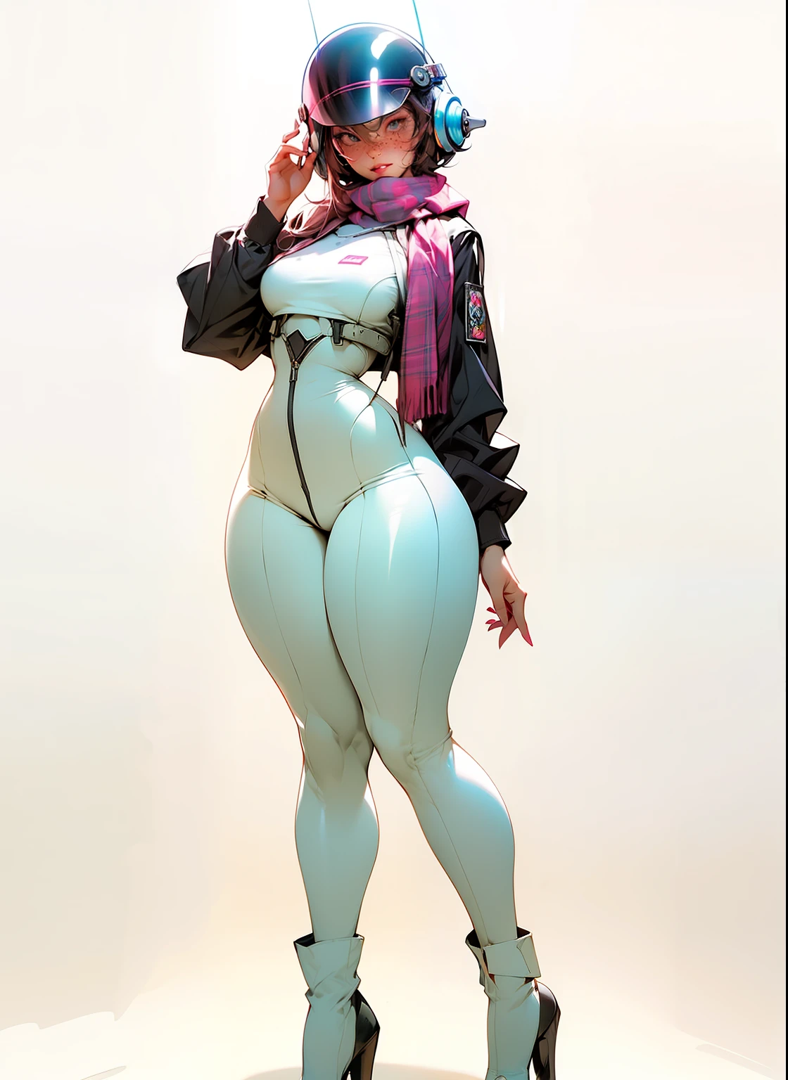 tartan scarf around neck, plaid scarf, wide hips, thick thighs, thick body, anatomically correct, (head to toe: 2.0), (full body image: 2.0), 1girls, solo, (Casshern: 1.6), extremely stylized, deviant art, masterpiece, highly detailed, bright eyes, detailed eyes, expressive detailed eyes, wide eyed, detailed pupils, futuristic, ((1950s scifi helmet)), ((pointy helmet)), Rubber Gloss, white pants, blush, (white rubber skinsuit:1.4), white boots, blush, small breasts, ((nipping out:1.4)), (((nipping out))), lots of freckles, super textured detailed skin, entire body image, full body shot, nvinkpunk, professional photograph of alexander_skarsgard, pistol, futuristic background