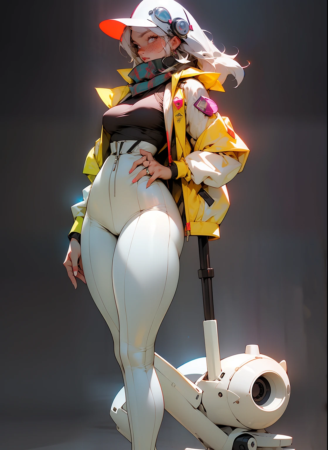 tartan scarf around neck, plaid scarf, wide hips, thick thighs, thick body, anatomically correct, (head to toe: 2.0), (full body image: 2.0), 1girls, solo, (Casshern: 1.6), extremely stylized, deviant art, masterpiece, highly detailed, bright eyes, detailed eyes, expressive detailed eyes, wide eyed, detailed pupils, futuristic, ((1950s scifi helmet)), ((pointy helmet)), Rubber Gloss, white pants, blush, (white rubber skinsuit:1.4), white boots, blush, small breasts, ((nipping out:1.4)), (((nipping out))), lots of freckles, super textured detailed skin, entire body image, full body shot, nvinkpunk, professional photograph of alexander_skarsgard, pistol, futuristic background