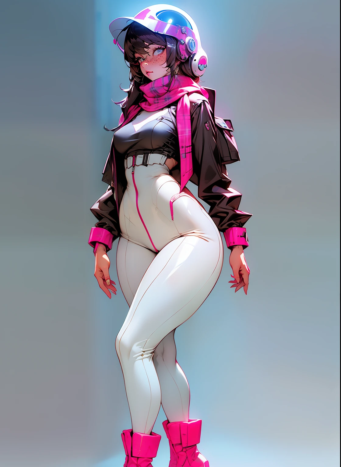 tartan scarf around neck, plaid scarf, wide hips, thick thighs, thick body, anatomically correct, (head to toe: 2.0), (full body image: 2.0), 1girls, solo, (Casshern: 1.6), extremely stylized, deviant art, masterpiece, highly detailed, bright eyes, detailed eyes, expressive detailed eyes, wide eyed, detailed pupils, futuristic, ((1950s scifi helmet)), ((pointy helmet)), Rubber Gloss, white pants, blush, (white rubber skinsuit:1.4), white boots, blush, small breasts, ((nipping out:1.4)), (((nipping out))), lots of freckles, super textured detailed skin, entire body image, full body shot, nvinkpunk, professional photograph of alexander_skarsgard, pistol, futuristic background