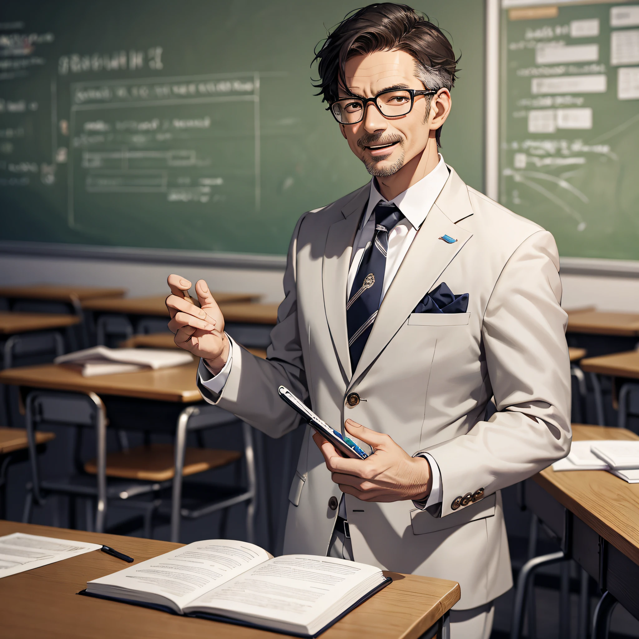 Ridiculous resolution,high resolutions,(master-piece:1.4),ultra-details,Middle-aged male teacher,White suit,classroom,Happy expression,tuition
