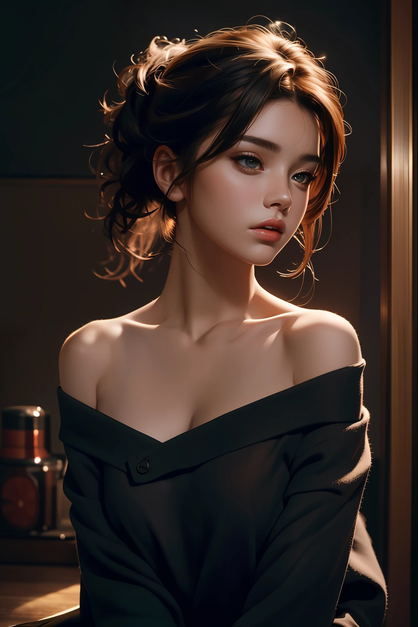 Best quality, masterpiece, ultra high res, (photorealistic:1.4), raw photo, 1girl, waist up, sitting, deep shadow, dark theme