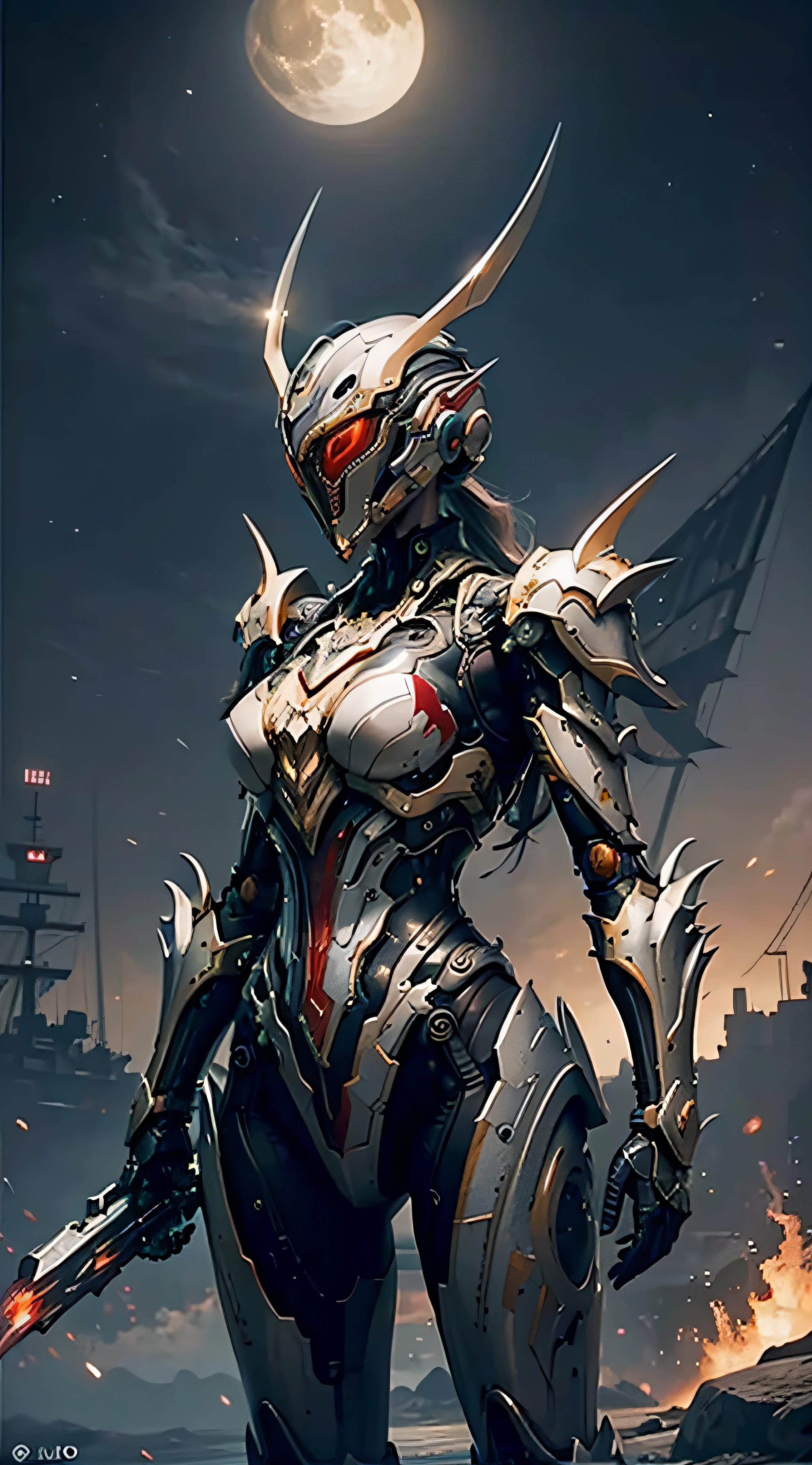 Marine space, Martelo 40,000, mundo em guerra, linda mulher cyberpunk com armadura mecha master chef halo muito detalhado, cores vibrantes, metallic red, sujo de sangue, with sky with clouds and full moon and battleships, corpo inteiro com armadura detalhada, campo de batalha sangrento,