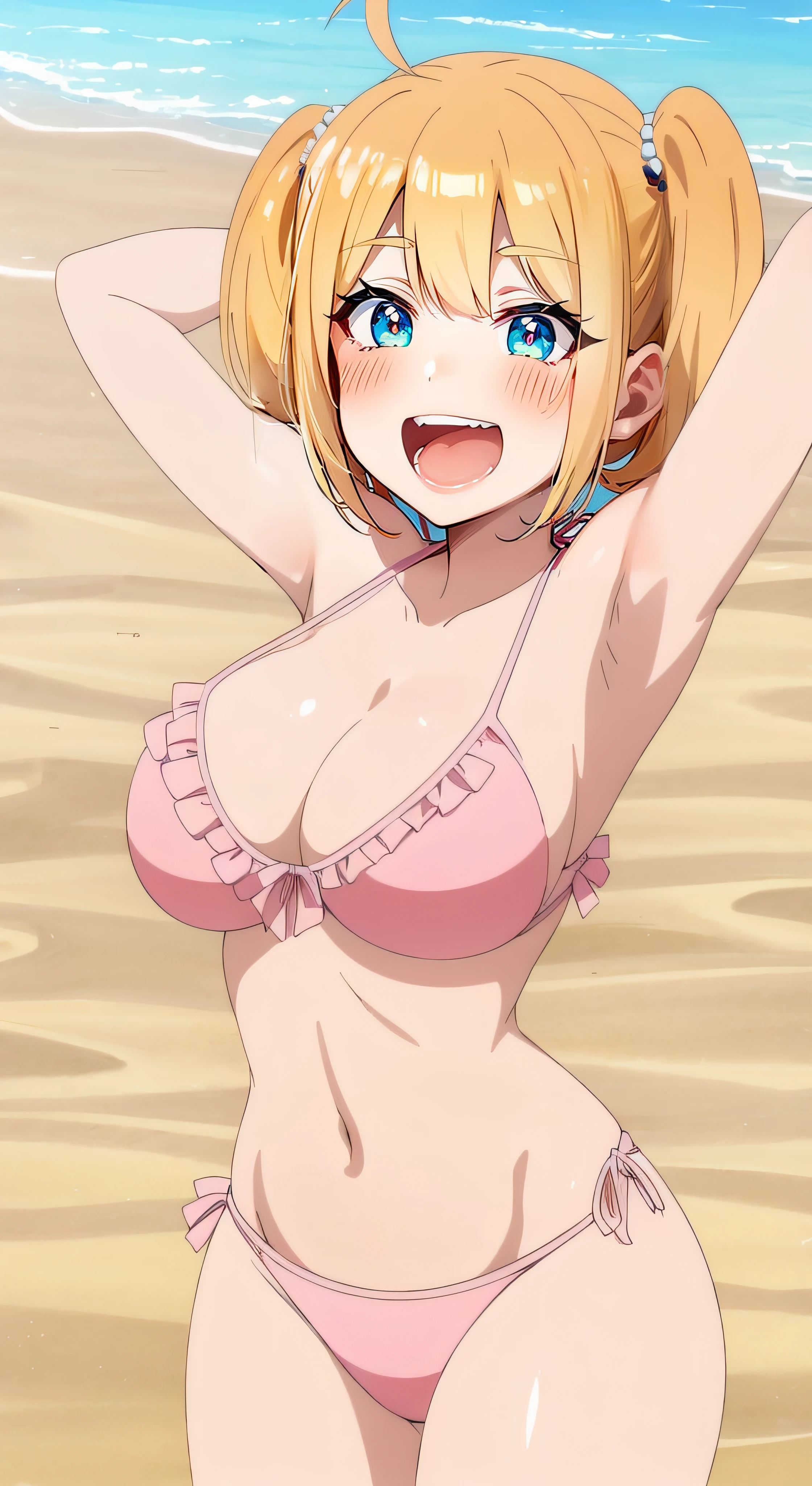 Chica de anime en bikini en la playa con las manos en alto, Mejor chica del anime, official anime still, OPPAI, en una playa soleada, Anime visual de una chica linda, anime still, Chica de anime llamada Lucy, Kinmoza!, Ecchi, rin, official studio anime still, en la playa, pechos grandes!!, loli