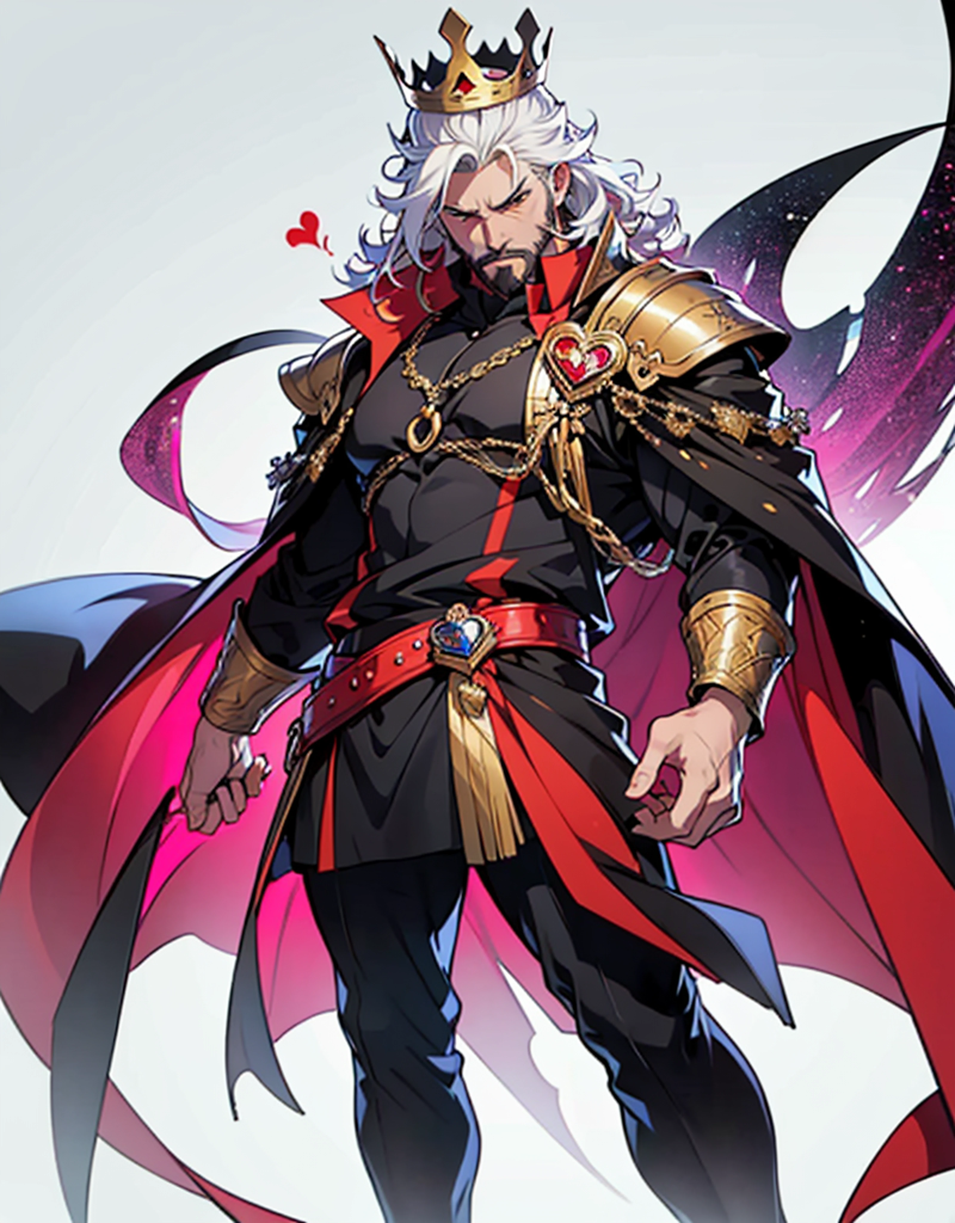 full-length, full body, 2d illustration, anime style, perfectly structured, a handsome king, (revealing) kingly vests, serious expression, golden crown, curly hair, black beard, nice and perfect face, (holding a heart-shaped red crystal:1.2), skin texture, highly detailed, anime style, done in photoshop, vibrant colors, composite lighting, professional shading, (white background:1.5), (blank background:1.5), masculine shapes, manly, dynamic angle, sharp and crisp image, high quality textures, natural proportions