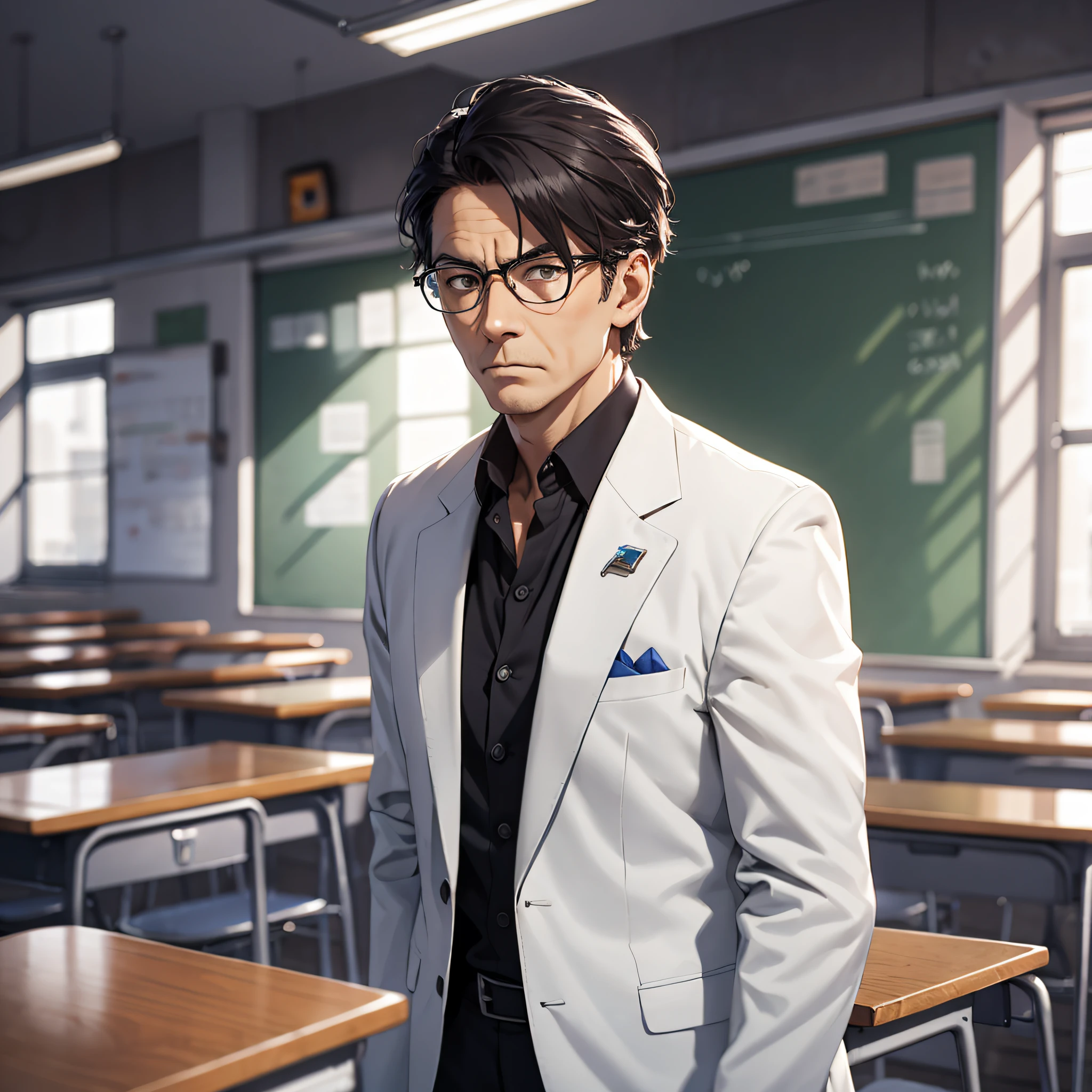 Ridiculous resolution,high resolutions,(master-piece:1.4),ultra-details,Middle-aged male teacher,White suit,classroom,serious expression,tuition