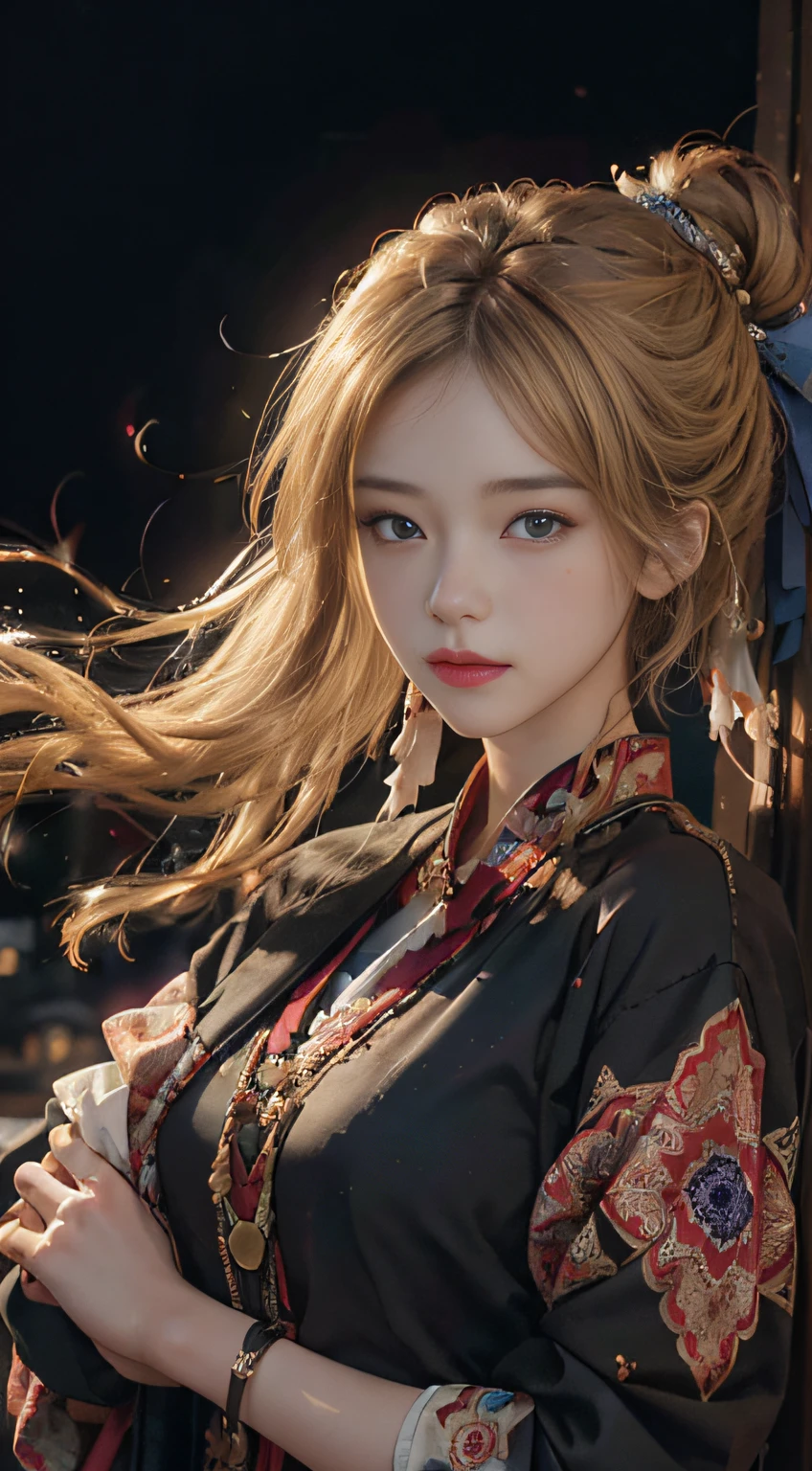 best quarity，Meisterwerk，super high res，（lifelike：1.4），Raw photo，1女孩，blonde Hair，blueeyes，Detailed eyes and face，black business suit，Dynamic Lighting，in dark，Deep Shadow，OFFICIAL ART，统一 8k 壁纸，hyper detailed，Beauty and aesthetics，ish high quality，beutiful，Meisterwerk，the best quality t，（zentangle，a Mandala，Tangles，Entanglement：0.6），elegance，Japanese shrine costumes，Streamers fly，Meisterwerk，best quarity，still from a movie，Floating in the sky，mingliang，joyful，Warm and soft lighting，Sundown，majestic，（Meisterwerk），sidebrilliance，（Delicate and beautiful eyes：1.2 )
