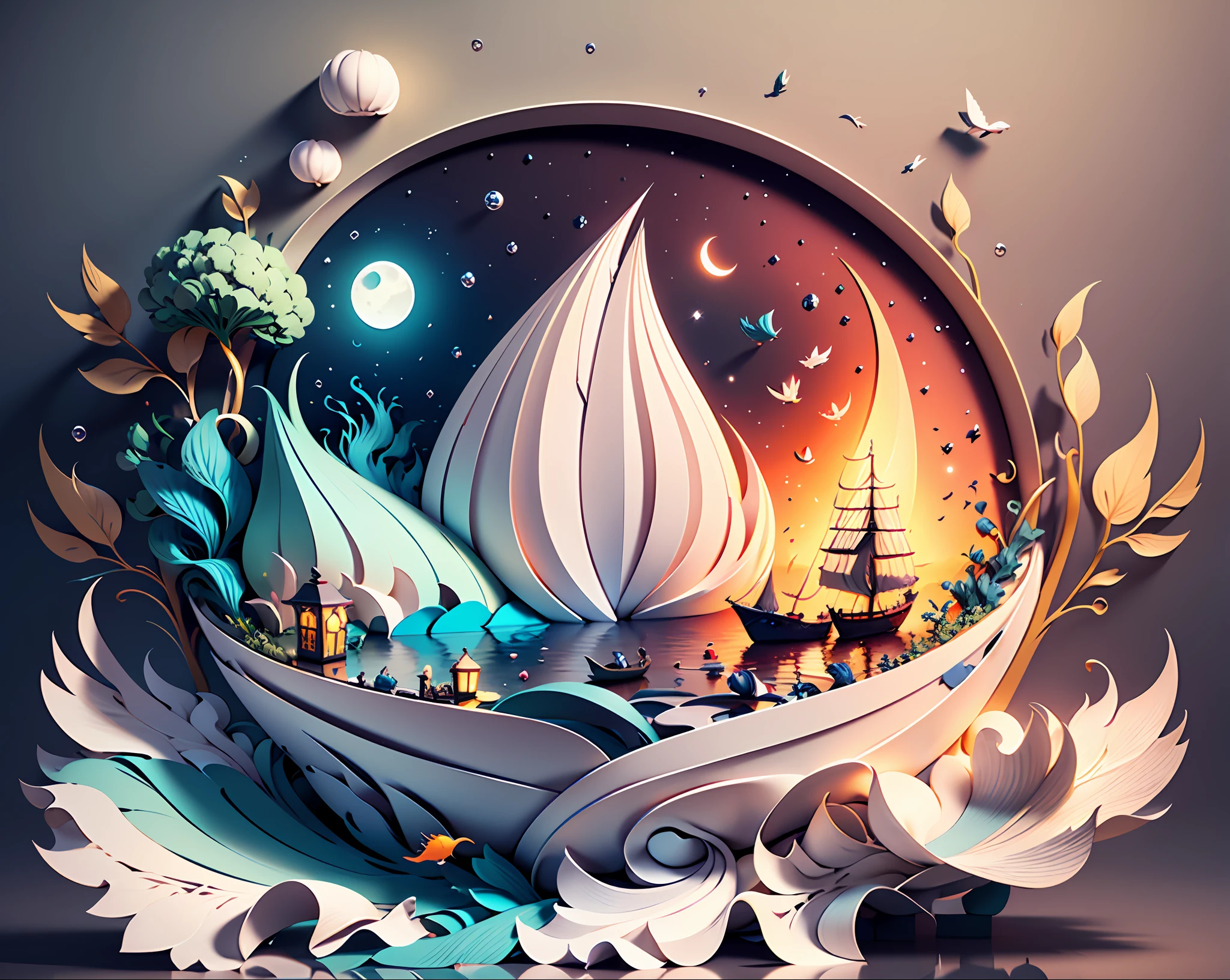 Softlight,(warm color:1.2),Water color painting,light background,best quality exquisite details,3d rendering,Octane render,pastel, Moon, boat, sea, storm,(paper_cut:1.15),