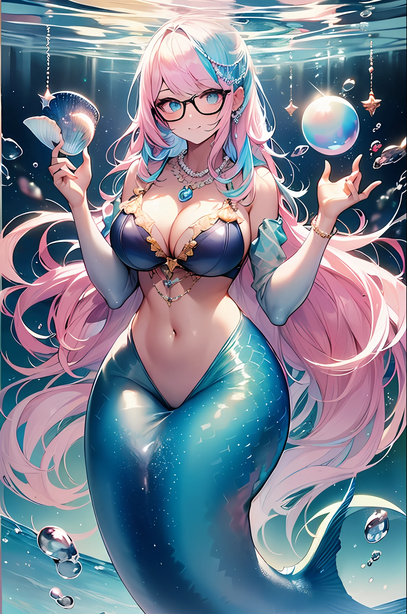 (((Insanely detailed))),((Masterpiece、maximum quality、Watercolor art(Pendants)、officialart、Beautiful and aesthetic:1.2))、(the golden ratio:1.2)、(Full body:1.2)、(Ultra-detail:1.3)、(1girls:1.3)、(Fractal Art:1.3)、Full body、((Glitter pupils))、patterns、((Iridescent hair、Colorful hair、Half light blue and half pink hair:1.2))、Colorful、writing、(Heterochromia)、(Colorful:1.5)、((Swimwear))、((Shy face))、((Seashell Bikini))、(Standing)、(hyper detailed), ((Delicate details)), (intricate detail), ((Cinematic light, best quality Backlights)), High Contrast, ((Best lighting, anextremelydelicateandbeautiful)), ((Cinematic light))、(Ray-traced reflections、sparkles)、((Shining aura))、((Shiny hair))、((super-detail))、((8K))、((Write))、Delicate beautiful face and eyes,Focus on the face, Deep sea background,Masterpiece,Detailed splashes, Beautiful detail water、Feeling of shock、(Real:0.5)、Original 2 High Saturation、(Surrounded by colorful splashes and dots)、colorful bubble、Glasses、((mermaid))、((Holding a large pearl with both hands))、(Pearl Necklace)