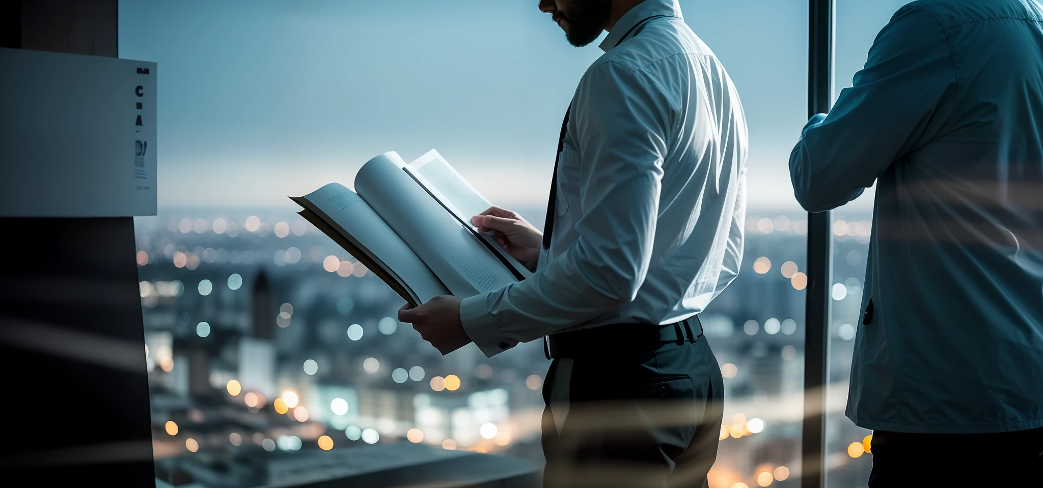 there are three men standing in a room with a city view, silhouette of a man, stylized photo, The man stood, silhouette of man, high quality picture, interesting background, photo still, shadowy informant, a person standing in front of a, without text, beginner, documents, Man, on a dark background, siluettes, Reading, contemplating