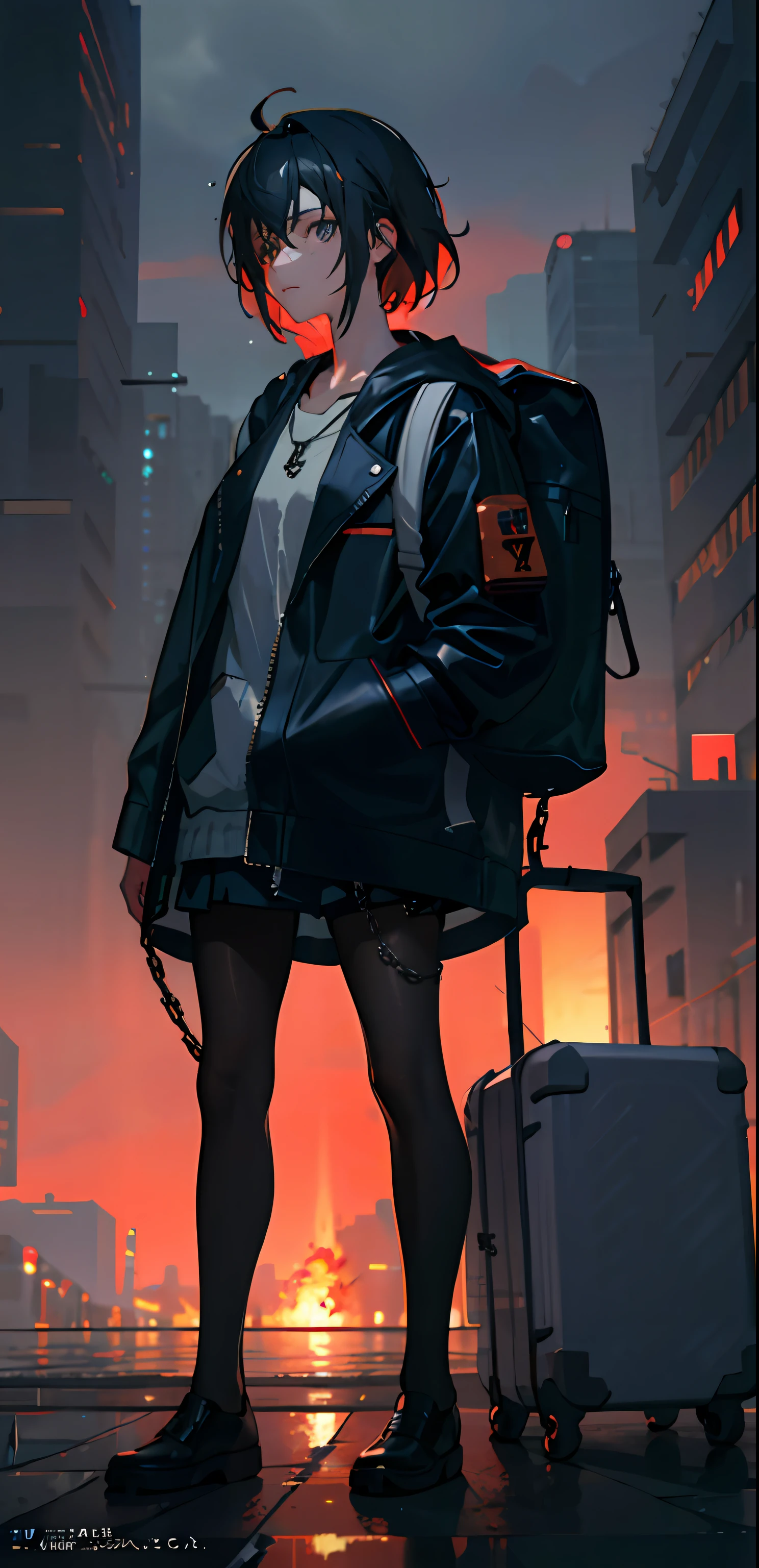 1girl, jacket, rain, outdoor, hoodie, open jacket, chain, backpack, looking at another, messy hair, trending on artstation, 8k resolution, highly detailed, anatomically correct, sharp image, digital painting, concept art, trending on pixiv, style of makoto shinkai,