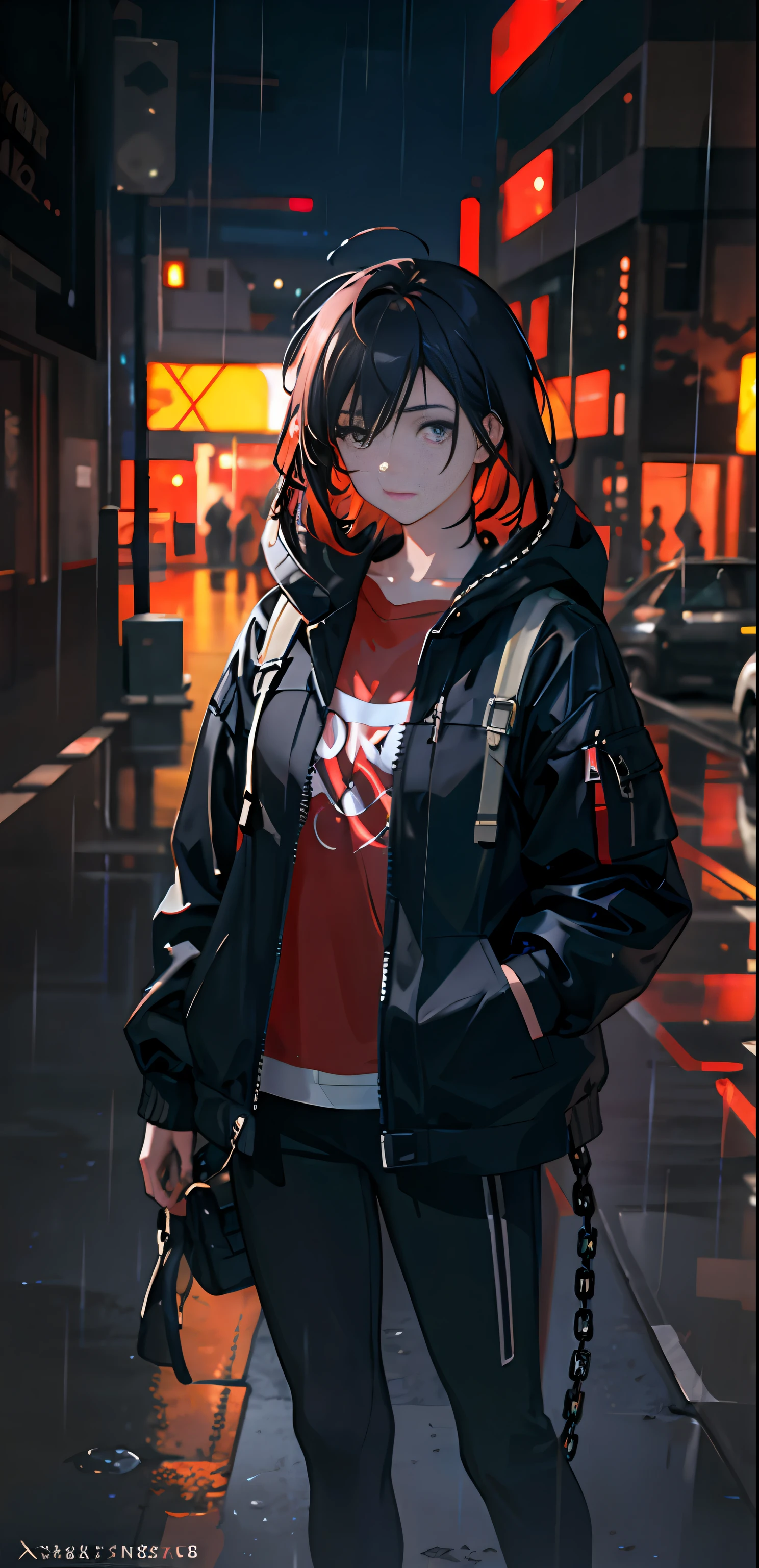 1girl, jacket, rain, outdoor, hoodie, open jacket, chain, backpack, looking at another, messy hair, trending on artstation, 8k resolution, highly detailed, anatomically correct, sharp image, digital painting, concept art, trending on pixiv, style of makoto shinkai,