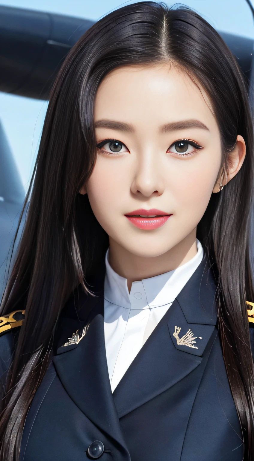 Modest outfit, remote shot, detailed beautiful delicate face, detailed beautiful delicate eyes, perfect facial proportions, high-definition skin, fine skin, four-inch best ratio. With one thumb, masterpiece, highly detailed, realistic, (World War II German general uniform reference : 1.8), highest facial resolution, 26 years old, modestly dressed woman, completely dressed, ( body small, dark blue hair, long hair and fine bangs, dark blue eyes), futuristic, science fiction, fighter plane, standing on the apron, government agency, personality hilarious, cheerful expression, respectful face, war, fighter plane