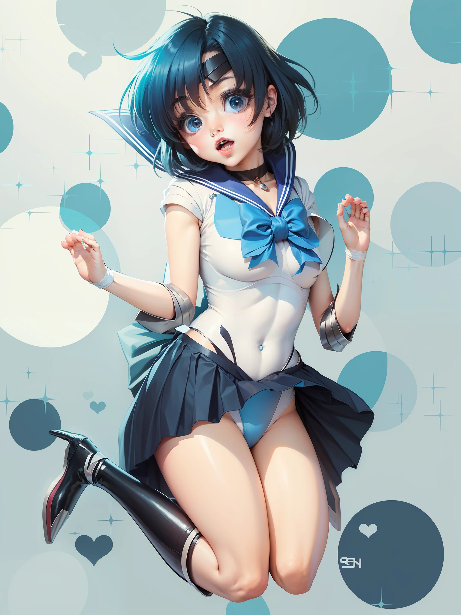 Cartoon image of a man in a white sailor suit jumping、Wallpaper Anime White、the sailor moon!!!!!!!,Anime Boy、(Anime Boy)、Ecchi Anime Style、Anime Manga Robot!!Anime Boy、Enchanting anime boy、the sailor moon、Classic boy、high quality anime artstyle、anime moe art style、highleg、White leotard、Blue-haired、a bob cut、bare feet、Blue collar、Blue ribbon、Blue pleated skirt、Raised locality、Blue boots