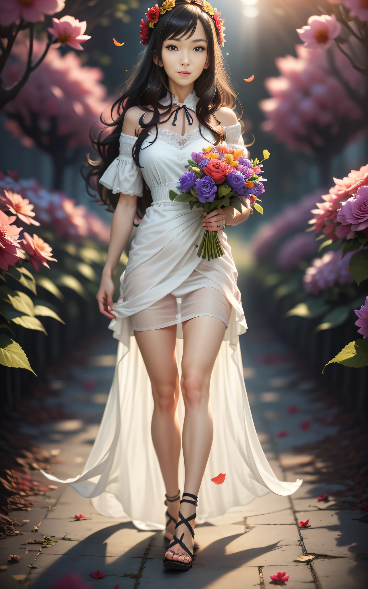 Full body photo,((((Slim body)))),20 years old、Twilight rays、Underwear showing through,Sheer summer dress、Flower crown,((Tokugawaen))), rose front bokeh, Bokeh, Photorealistic, surrounded by colorful roses,((Smiling)))),(1 girl), (Sunset:1.3), (8k, RAW photo, Best quality, Masterpiece:1.2), (Real, Photorealistic:1.37), Best Quality, Ultra High Definition, (Standing in the Flower Garden:1.3), (Vibrant and Colorful:1.3)