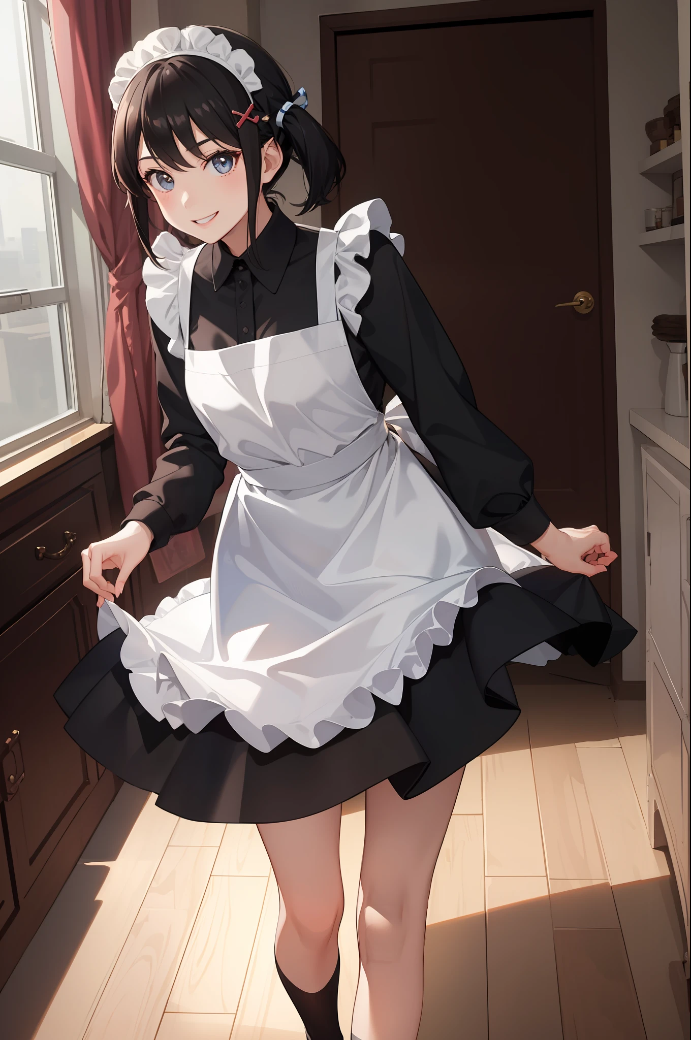 1 girl, smiling, skirt, (small) chillerism, dress, apron,,,,,,、 maid,,,,,,,,、 hair ornament, running briskly,