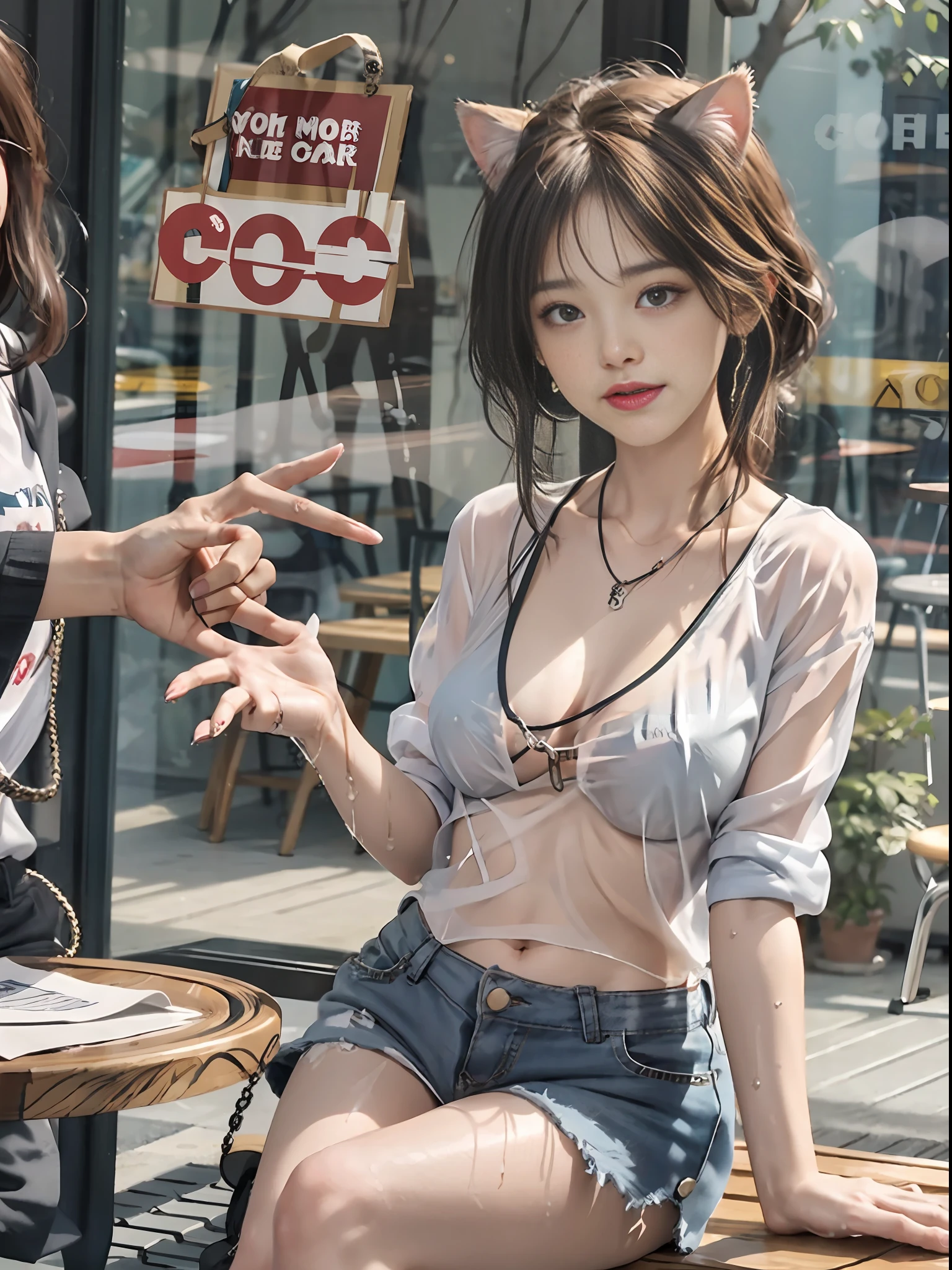 Lori, nipple clip, dog chain, cat ears, tongue, sitting on table, display, no clothes, mouth, masturbation, wet, transparent shirt, flesh exposed in shirt, legs open to pee, one hand masturbation, one hand touching your own pointed breasts