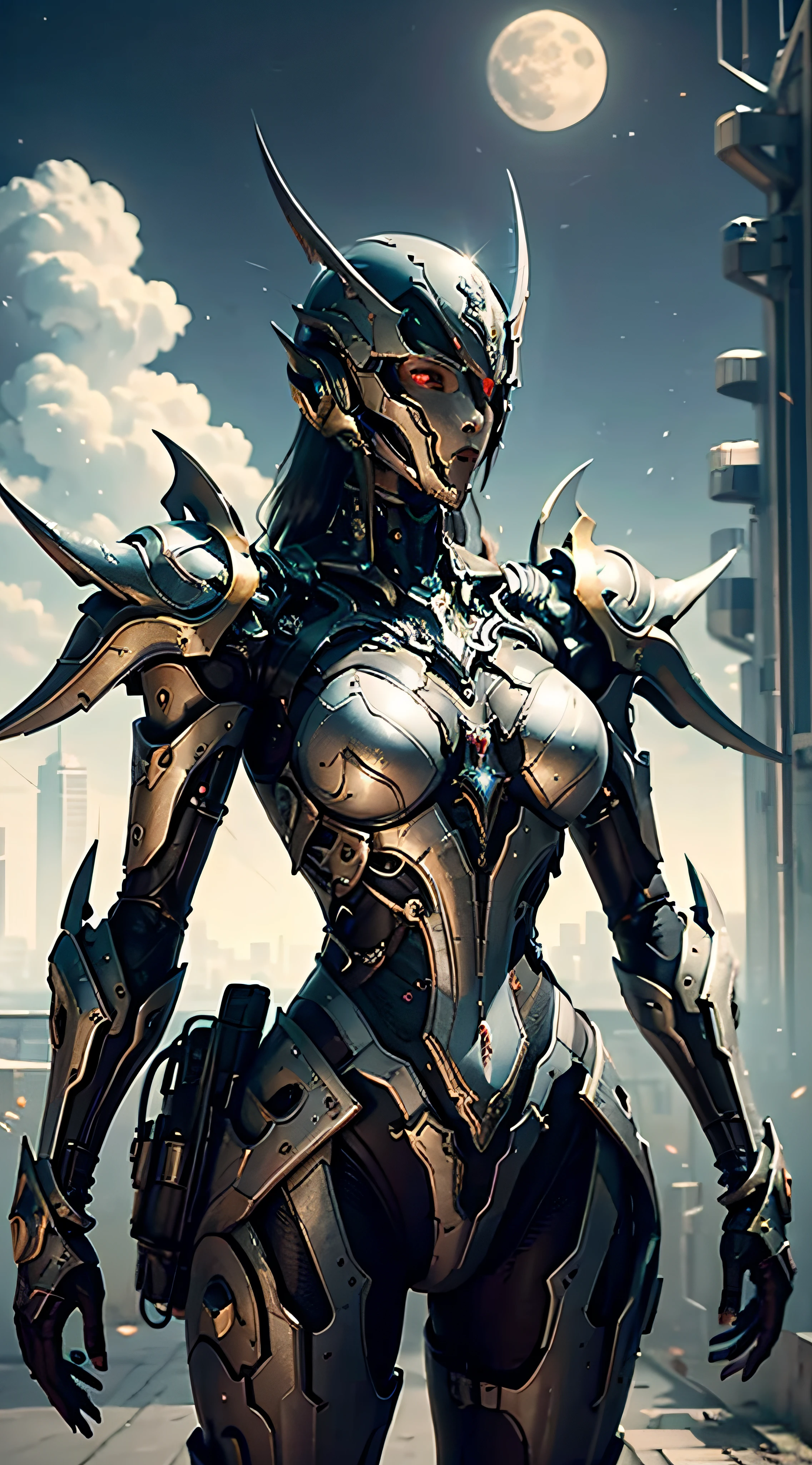 Marine space, Martelo 40,000, mundo em guerra, linda mulher cyberpunk com armadura mecha master chef halo muito detalhado, cores vibrantes, metallic red, sujo de sangue, with sky with clouds and full moon and battleships, corpo inteiro com armadura detalhada, campo de batalha sangrento,