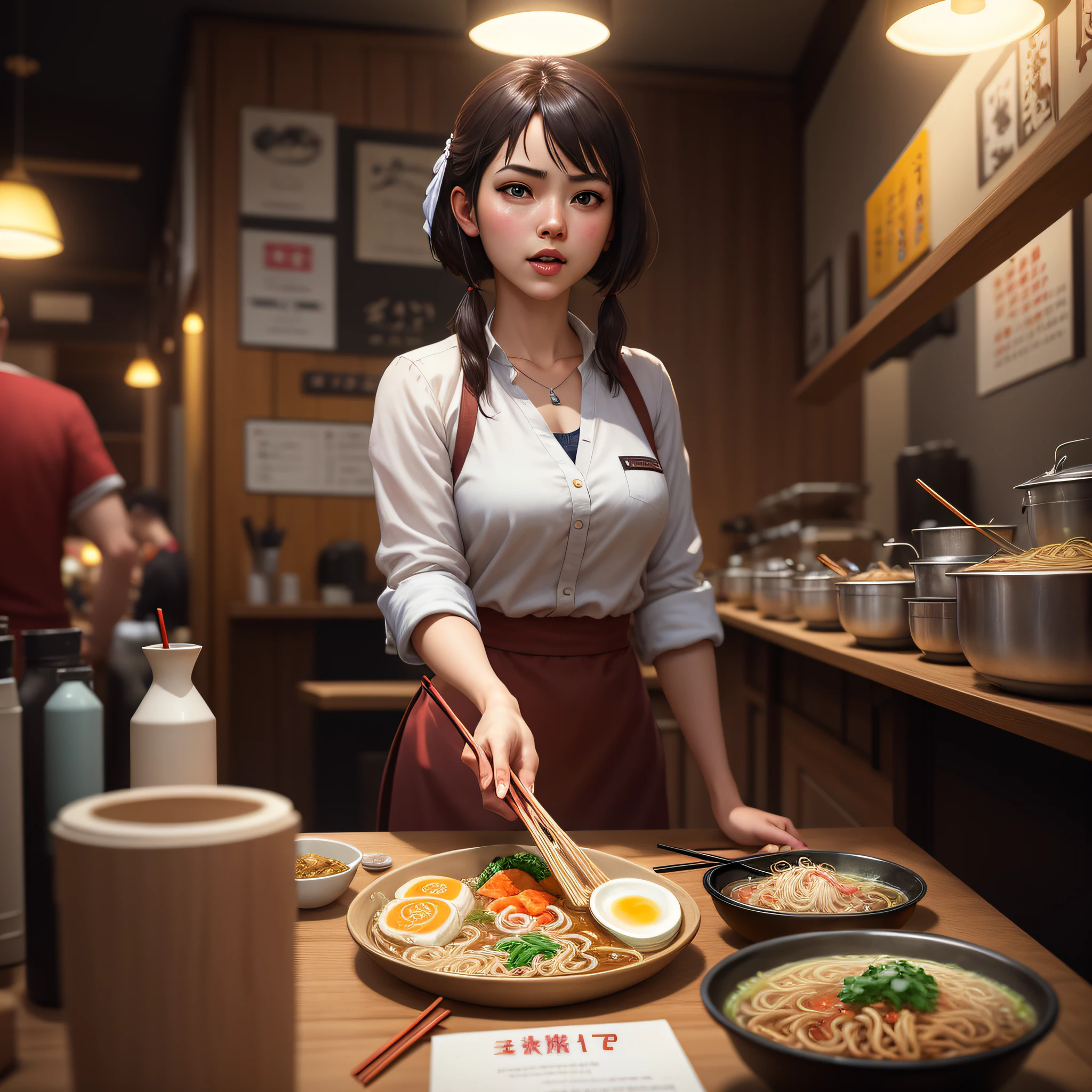_modelshoot style, (extremely detailed CG unity 8k wallpaper), A diverse group of people from different cultures and backgrounds, coming together for a shared meal, sitting around a long table filled with delicious food, engaged in animated conversations and laughter, creating a sense of unity and celebration of diversity, ultra realistic, film grain, cinematic color grading, detailed faces, dramatic lighting, Artwork, oil painting on canvas, --ar 4:3 --v 5, beautiful ((ramen shop)), professional majestic impressionism oil painting by Waterhouse, John Constable, Ed Blinkey, Atey Ghailan, Studio Ghibli, by Jeremy Mann, Greg Manchess, Antonio Moro, trending on ArtStation, trending on CGSociety, Intricate, High Detail, dramatic, makoto shinkai kyoto, trending on artstation, trending on CGsociety