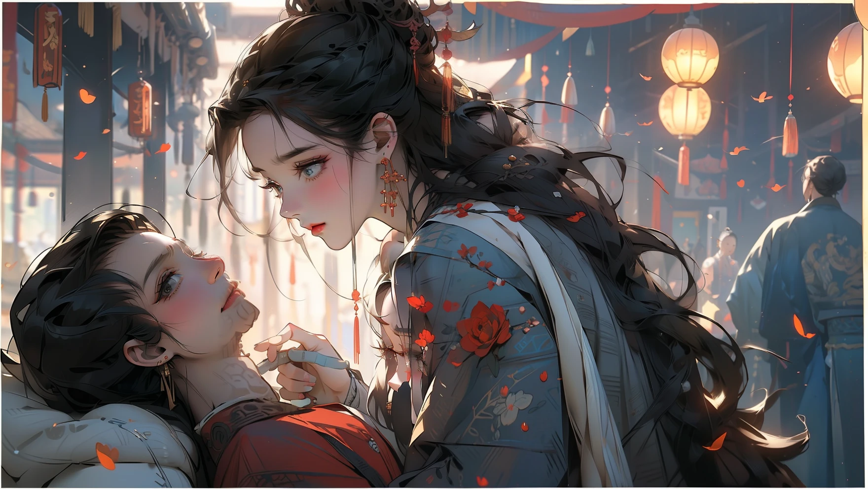 The two looked at each other,Side face,A man and a woman,The girl presses down the boy,two-dimensional,best qualiy,master-piece,hyper detailed,Extreme detail,8k壁紙,Realistic details,Cinematic Lights,dynamicangle,World Mastery Theatre,best qualiy,Extremely delicate,Perfect face,exquisite facial features,The Perfect Hand,Delicate lashes,exquisite eyes,Ancient Chinese hairstyle,Red lanterns,the golden ratio,Melancholy expression,bitter smile,rose petals,Light and shadow tracking,