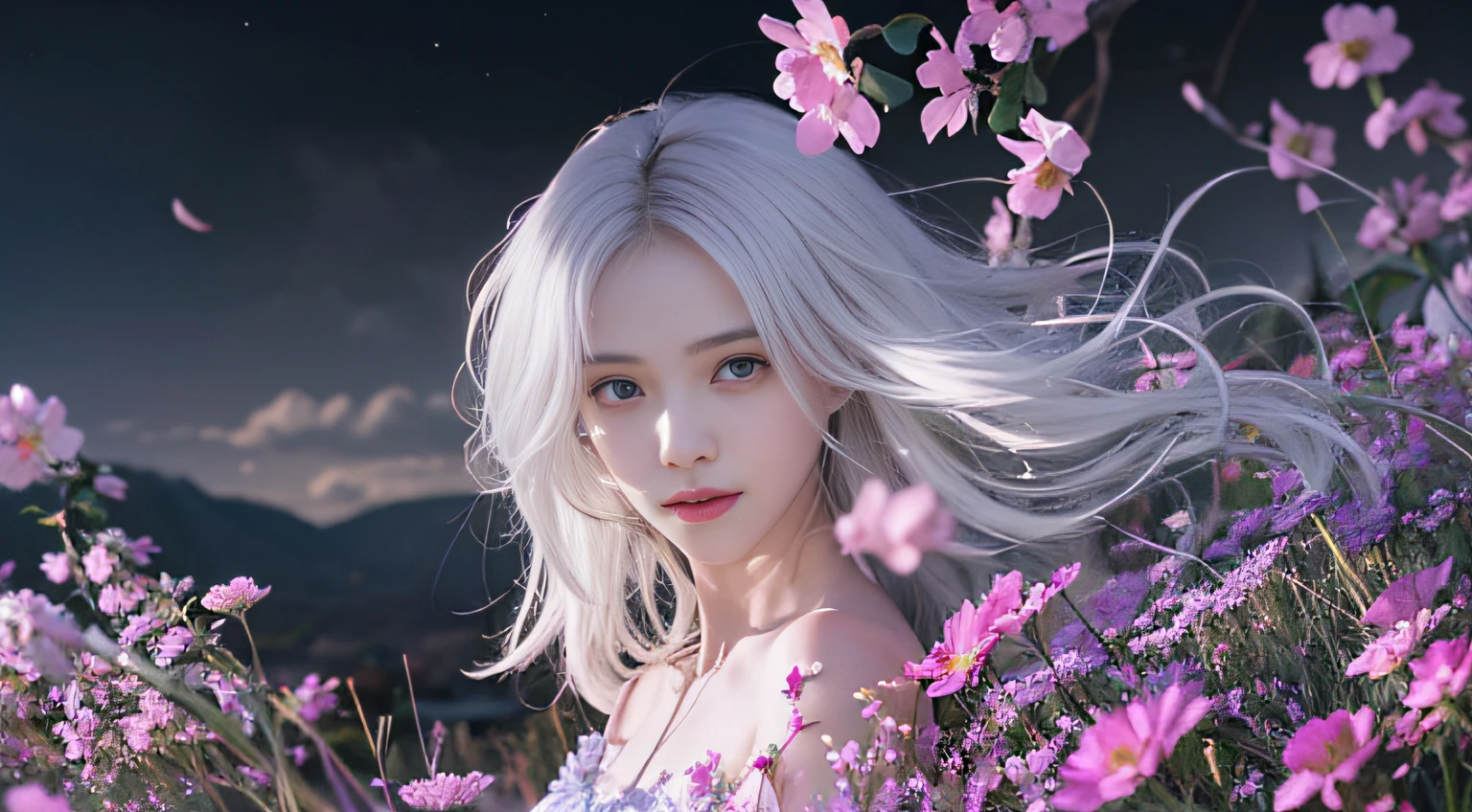 NSFW:1.5,Masterpiece, Best quality, 1girls, (Colorful),(delicate eyes and face), volumatic light, Ray tracing, Bust Up Shot ,Passing the eyes of God，Slender legs，Barefoot，Extremely detailed CG unity 8k wallpaper,独奏,Make a smile,((flying petal)),(Flowery meadow) Sky, cloudy day_Sky,moonbeams, Moon, night, (Dark theme:1.3), Light, fantasy, windy, magic sparks, dark castle,White hair,