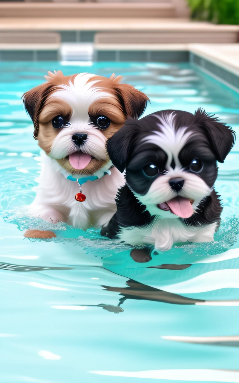 hyper Quality,Cute two Shih Tzu puppies,different body colors,swimming in the pool,smile,black eyes,barking,narrow eyes,smile,eos r3 28mm --auto