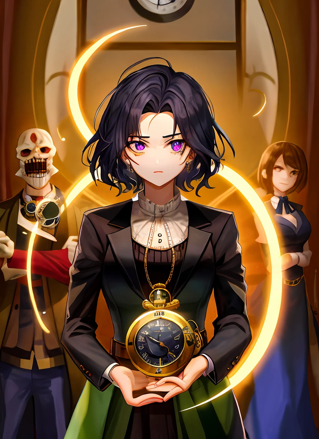 protagonist holding the old pocket watch, with frightening visions all around you. Pode incluir sombras sinistras, rostos distorcidos e um clima de suspense