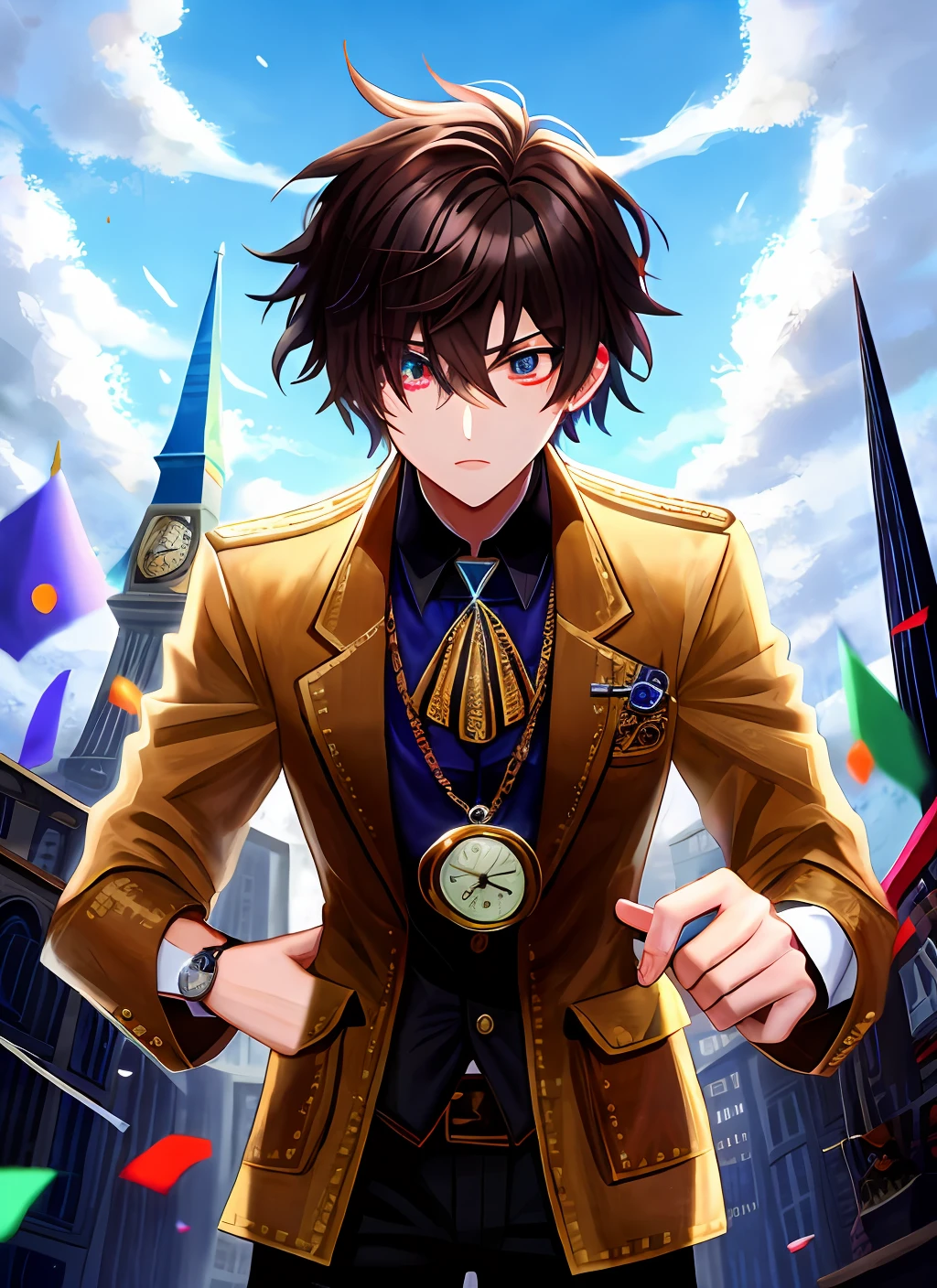 protagonist holding the old pocket watch, with frightening visions all around you. Pode incluir sombras sinistras, rostos distorcidos e um clima de suspense