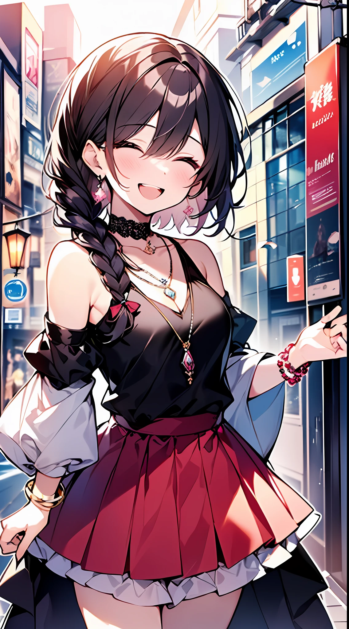 (Incredibly ridiculous absolute resolution:1.5)、maximum quality、Master peace、ultra high-resolution、8K、(Lace skirt with a lot of decoration、Color blouse、necklaces、bracelets) BREAK Shoujo Manga Style、(Lori)、Soft line art、Digital Enhancement、A touch of shoujo manga、environment change scene、Shoujo Mangacore、(((Hair length to the shoulders)))、(((short braiding)))、Laugh with open mouth、close her eyes、Modern cityscape、Angle from which you can see the whole body、Beautiful and aesthetic:1.5、High Quality:1.5