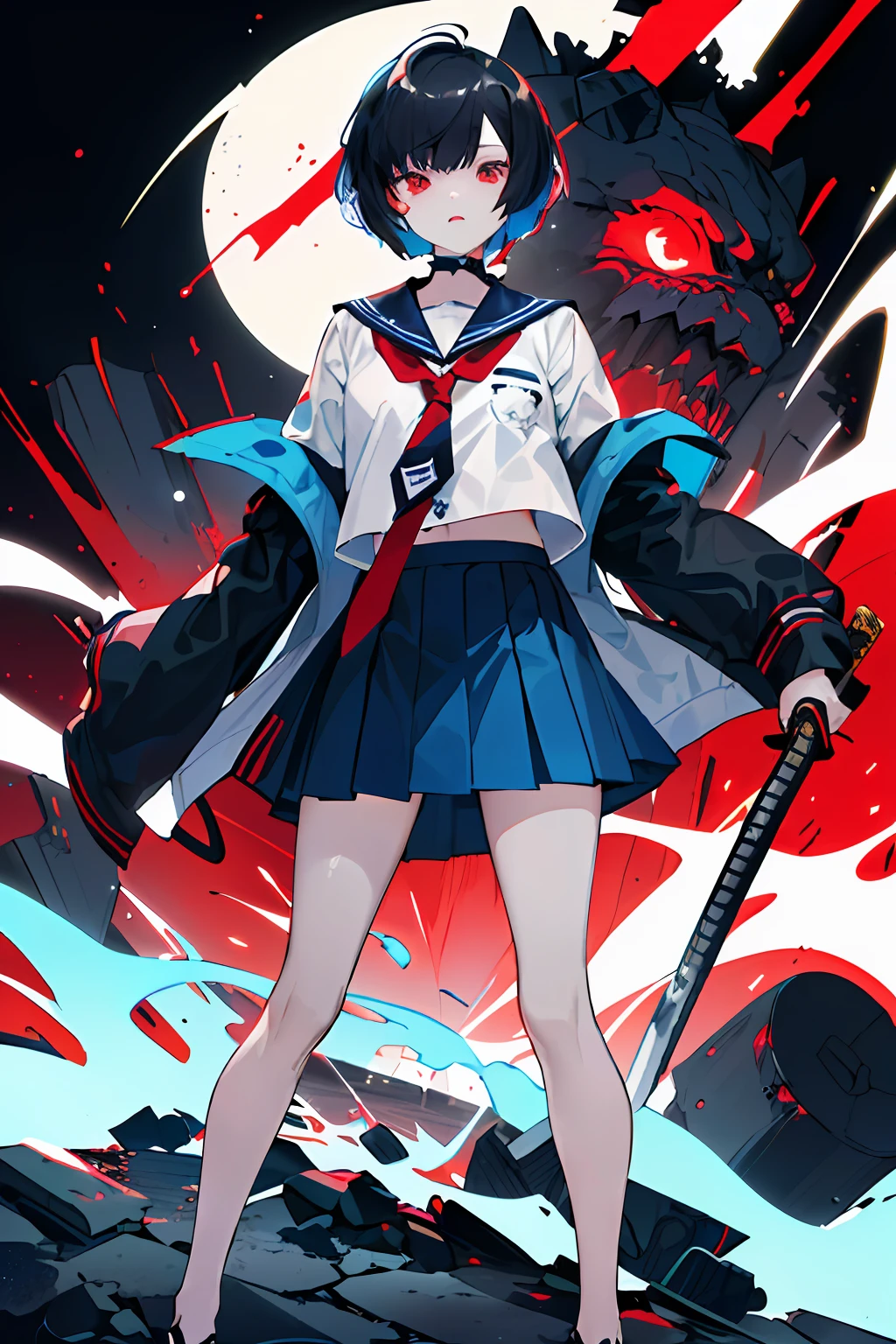 ((((dramatic))), (((gritty))), (((intense))) 1girl, schoolgirl, 10 years age, seriuos face and attitude, almost angry, (oversized coat) ((((bowlcut hair)))) ((((very short hair)))) (((shortest hair))) (black jet hair) (((hair barely covers ears and backhead))) sailor costume, (((blue dark sailor costume))) (((knee below skirt))), (((long skirt))) ((((slender)))) red costume details, (((tigth sleeves))) (holding a katana) action stand (((red eyes))) ((black necktie)) (nigth neon city) The background is dark and gritty, with a sense of danger and intensity. The color palette is mainly dark with splashes of vibrant colors, giving the poster a dynamic and visually striking appearance, outfit, posing, front, colorful, dynamic, background, elements, confident, expression, holding, statement, accessory, majestic, coiled, around, touch, scene, attention-grabbing, title, stylish, modern, trendy, focus, fashion,