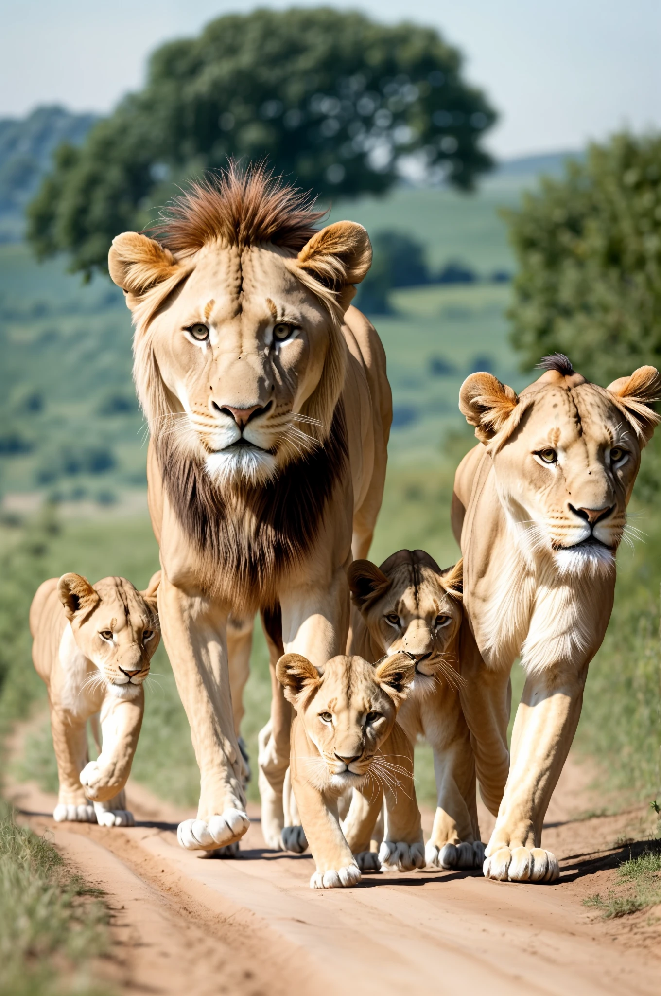 There are three lions walking down a dirt road with a lion cub, lions, Direction: Juergen von Huendeberg, Shutterstock, animais correndo ao longo, family portrait, lions, olhar orgulhoso, amazing beauty, Foto de vida selvagem, Direction: Jan Tengnagel, foto de uma bela, family photo, twins, Direction: Adam Marczyński, trending ,, Masterpiece