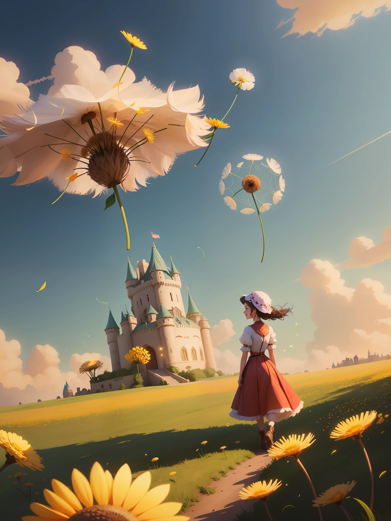 There are many flowers in the meadow,There is a sky background,Many dandelion seeds,Surreal dandelion flower,Yang J,Robots Jones and Ladd,a beautiful artwork illustration,WLOP and RHADS,Li Song,Zhang Chengyu,Beautiful dandelion anime girl wearing her head,Scenes:Dandelion seed field,Scenes:Dandelion seed field,Scenes:Dandelion seed field,Flying dandelion seeds,Happy girl,The girl who turned back,Air Dandelion Castle,The wind swirled,Smile back,Backlit girl