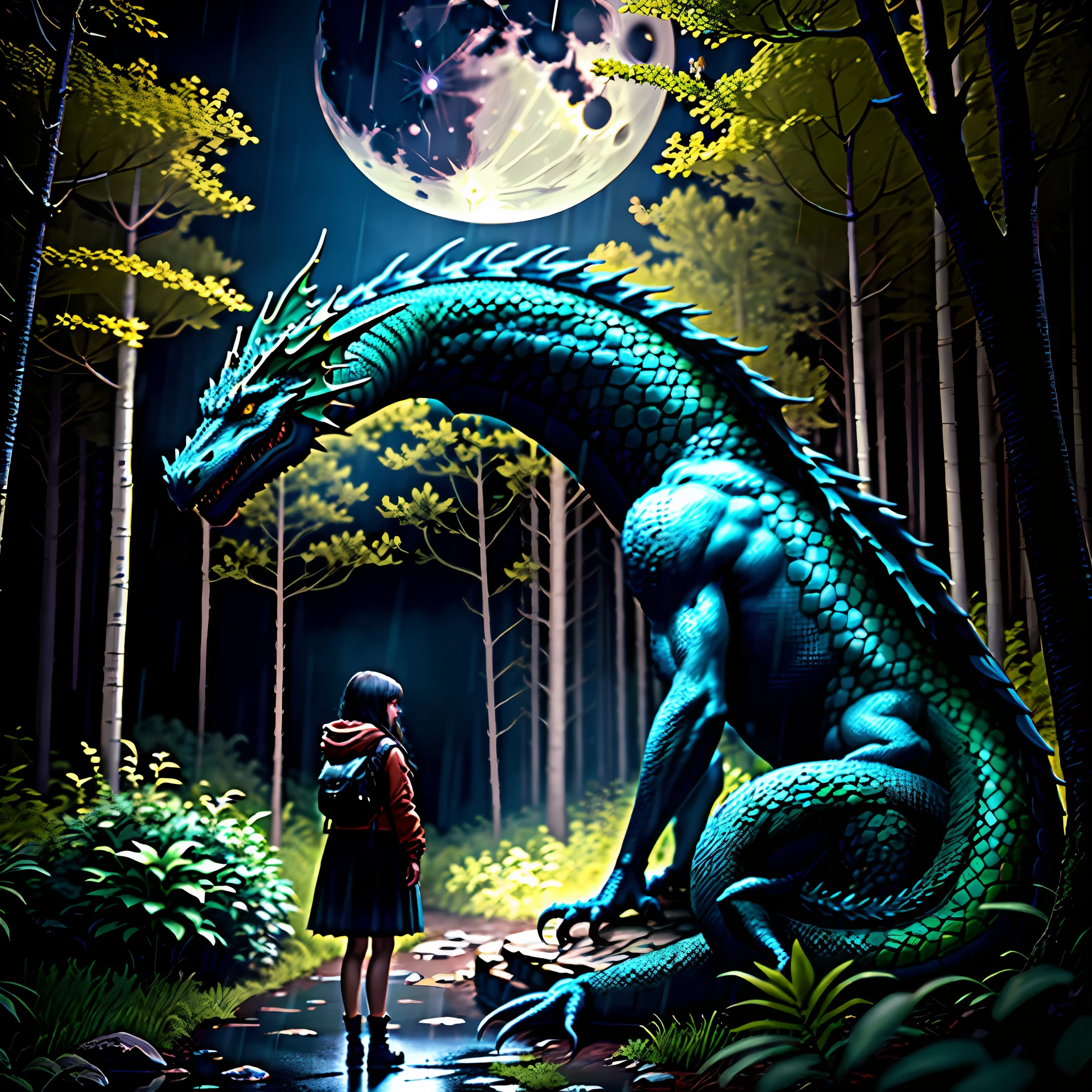 Girl and her dragon  in a forest, night, rain, moon, 4k, octane render, photorealistic —aspect 5:3