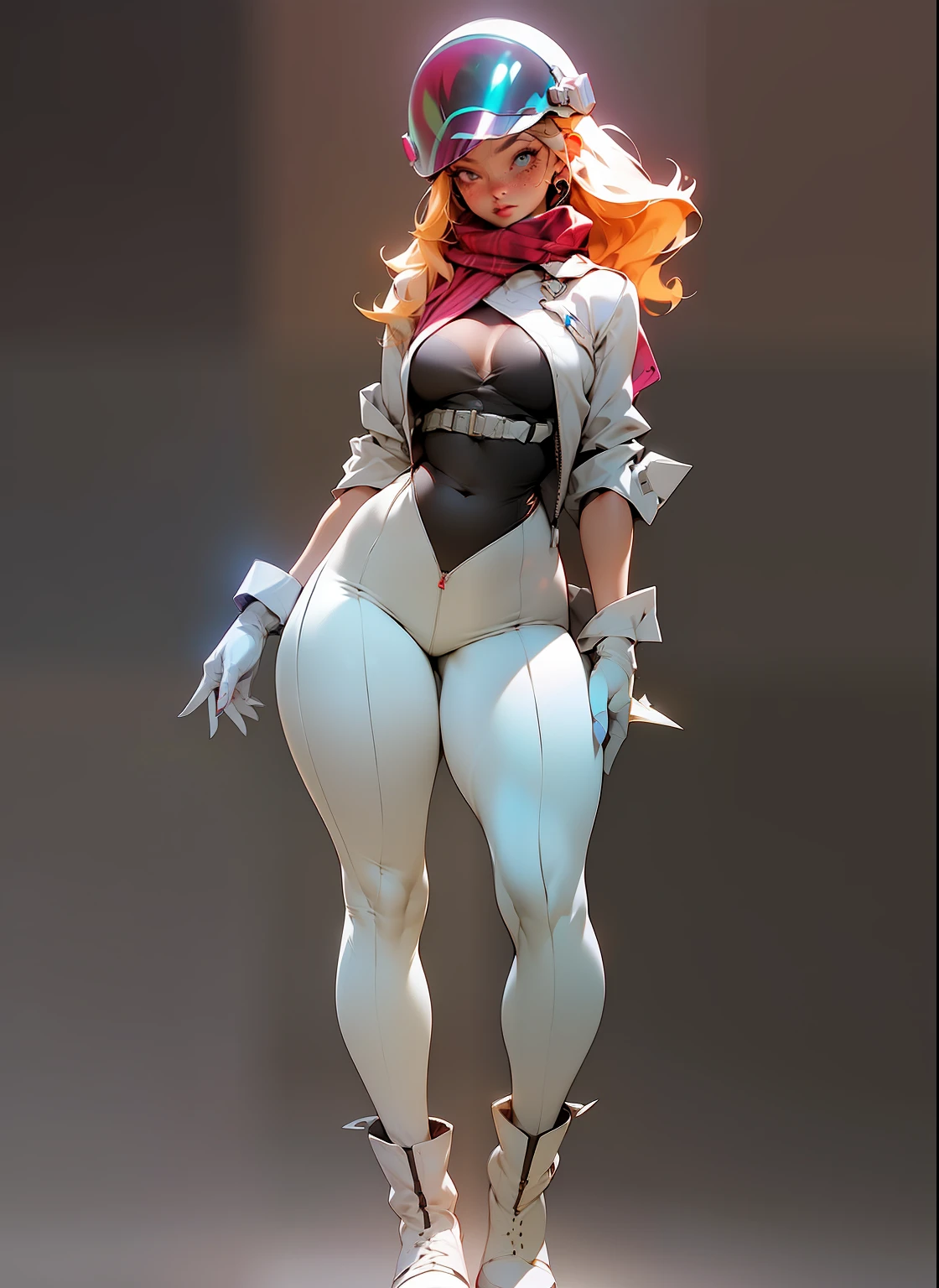 tartan scarf around neck, plaid scarf, (slightly chubby), wide hips, thick thighs, anatomically correct, (head to toe: 2.0), (full body image: 2.0), 1girls, solo, (Casshern: 1.6), extremely stylized, deviant art, masterpiece, highly detailed, bright eyes, detailed eyes, expressive detailed eyes, wide eyed, detailed pupils, futuristic, ((1950s scifi helmet)), ((pointy helmet)), Rubber Gloss, white pants, blush, (white rubber skinsuit:1.4), white boots, blush, small breasts, ((nipping out:1.4)), (((nipping out))), lots of freckles, super textured detailed skin, entire body image, full body shot, nvinkpunk, professional photograph of alexander_skarsgard, pistol, action pose