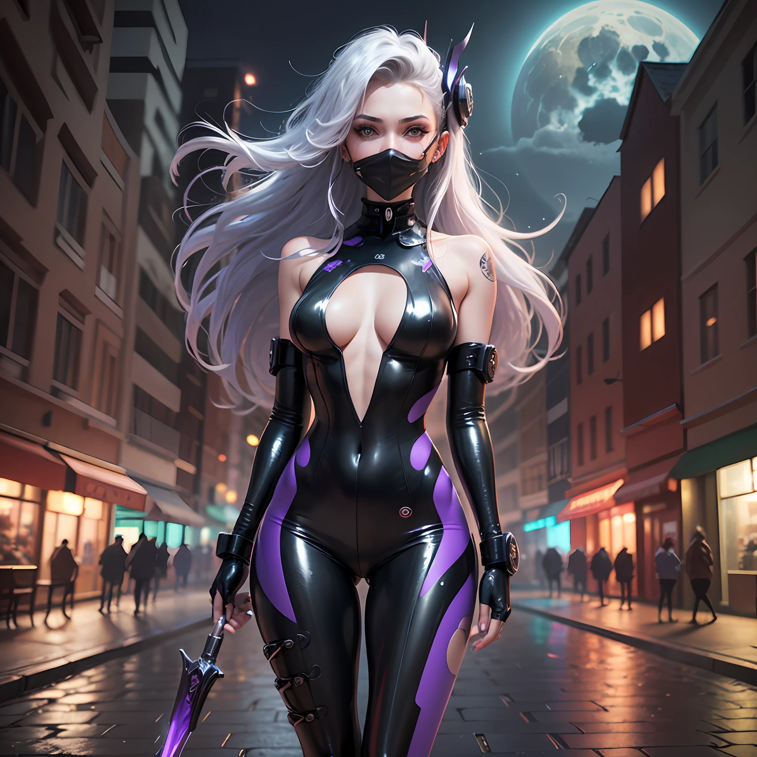 (8k, foto RAW, mais alta qualidade), (epic realistic: 1.5) Urban center that combines old and modern buildings. Cobblestone street. Noite. A captivating human woman with a mask in her mouth, exuding beauty with a powerful and captivating expression, your arms open, wielding daggers in his hands. Ela possui pele clara, cabelos pretos longos incrivelmente lisos e fluidos, textura fina e olhos violetas. Adorned in an eye-color black and violet vinyl jumpsuit, atraente e futurista, embodying a cyber-punk aesthetic. The atmosphere is permeated by an aura of mystery, shrouded in mist, Creating an ultra-realistic scenario.
