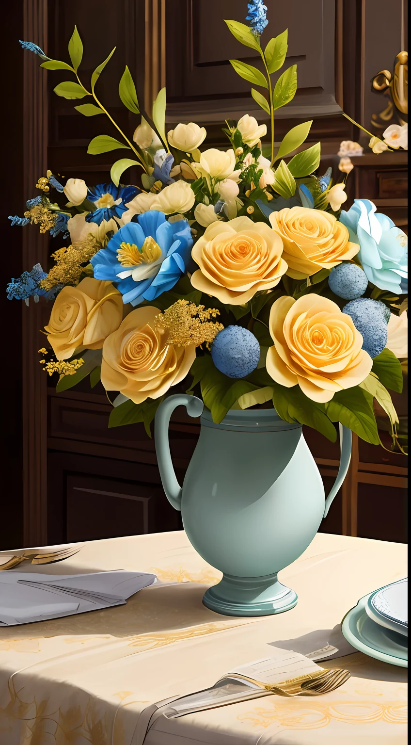 An elegant arrangement of ornamental flowers in soft colors, encased in golden lacy paper and adorned with a luxurious bow. --ar 2:3 --s1000 --v5 --q2 --upbeta -a750