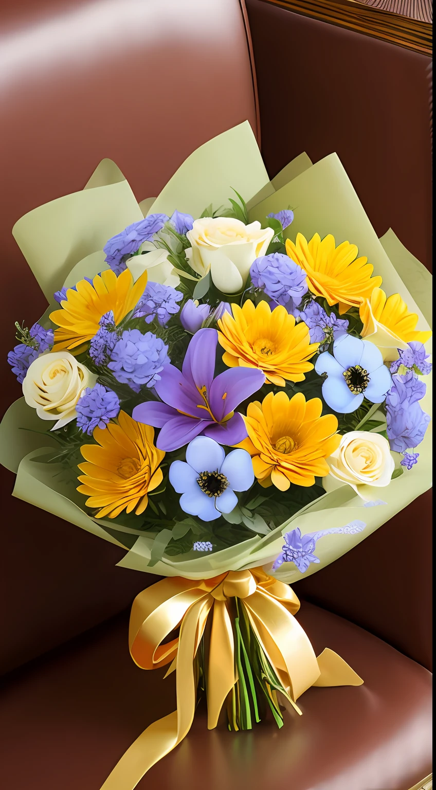 bouquet of ornamental flowers in light colors wrapped in gold lacy paper and with a luxurious bow --ar 2:3 --s1000 --v5 --q2 --upbeta -a750