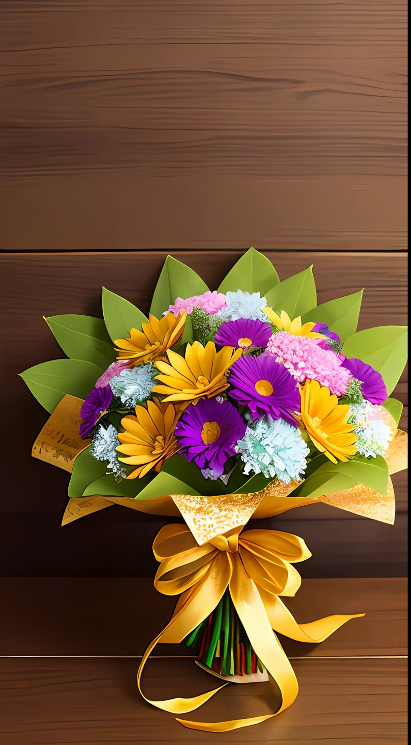 bouquet of ornamental flowers in light colors wrapped in gold lacy paper and with a luxurious bow --ar 2:3 --s1000 --v5 --q2 --upbeta -a750