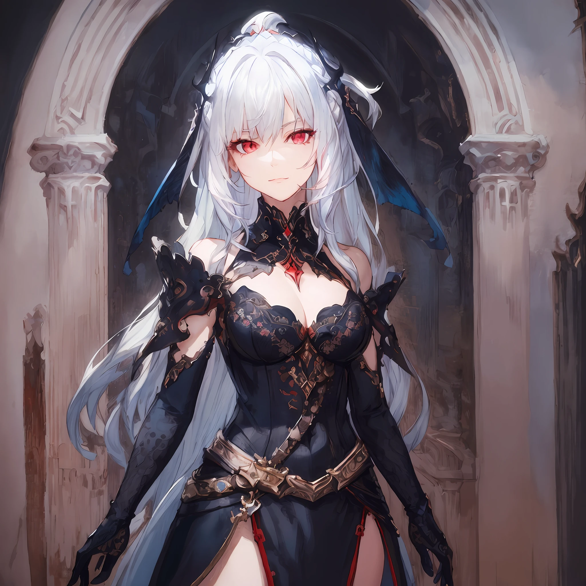 highly detailed, masterpiece, black masterpiece, best quality, 1woman, adult, female focus, solo, white blue hair, long hair, vibrant red eyes, looking at viewer, High quality metal texture, closed mouth, bangs, high collar,(kbxll:0.6), Fantasy aesthetics, Highly detailed, shadowverse style, full body, black attire
