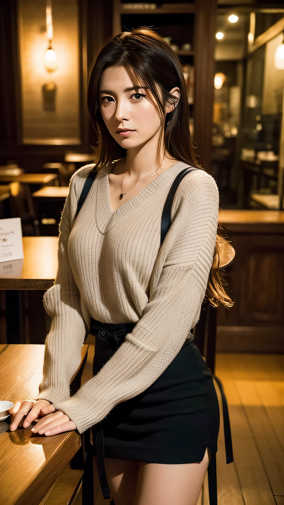 (Best quality, 8k, 32k, Masterpiece, UHD:1.2),Photo of Pretty Japanese woman, large breasts, very short bob hair,upper body,face focus,oversized_sweater, necklace, simple background, from above, looking at viewer,