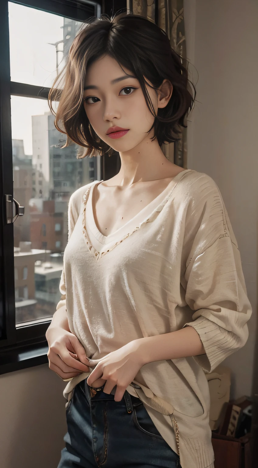 Soft, Sweat, Short hair, knitted V neck