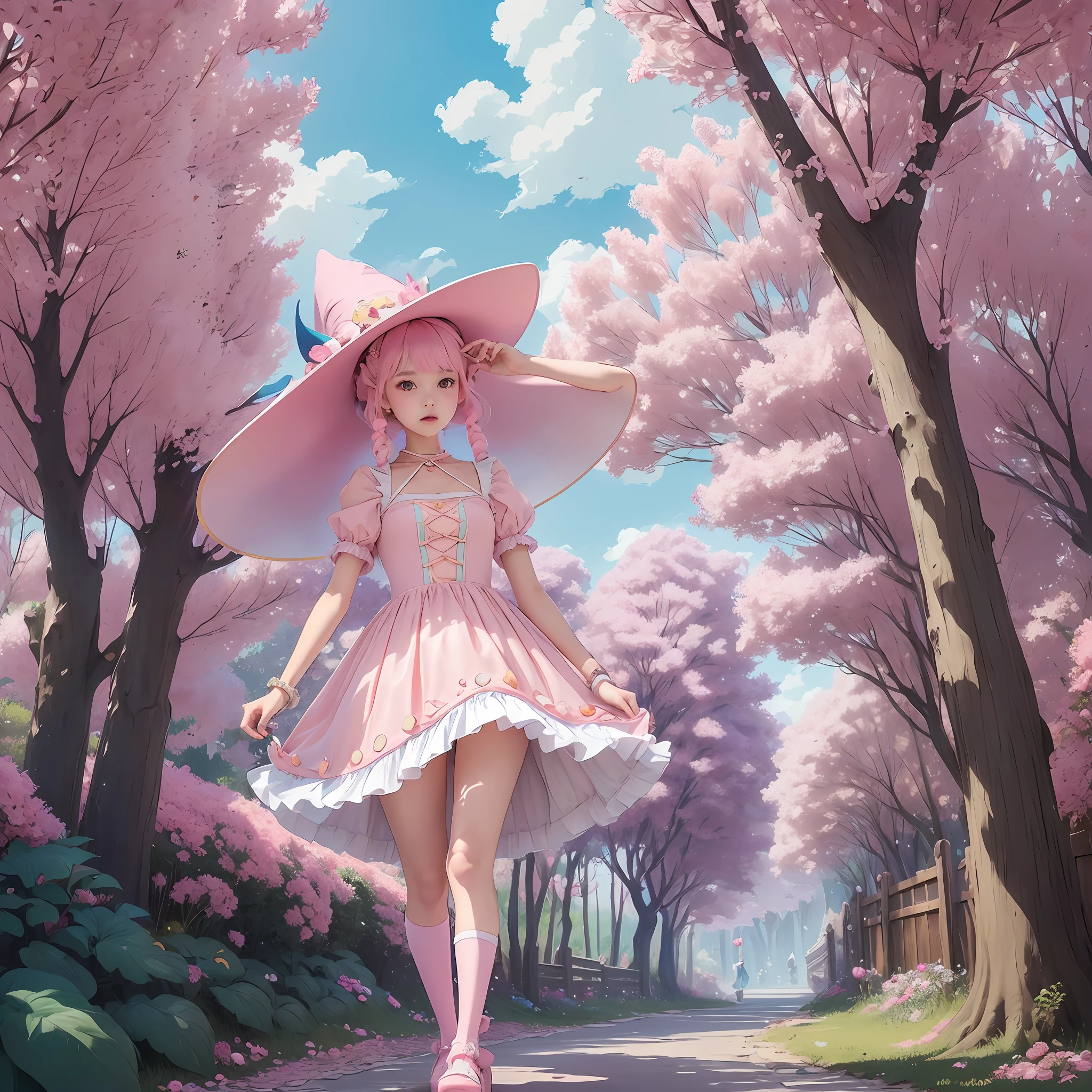 ((Studio Ghibli-inspired art, hyper-feminine fashion and accessories, j-fashion), (bubblegum pink witch, sweet witch)), strawberry milk, angelic pretty dress, casting spell, glittering magic, enchanted atmosphere. --auto --s2