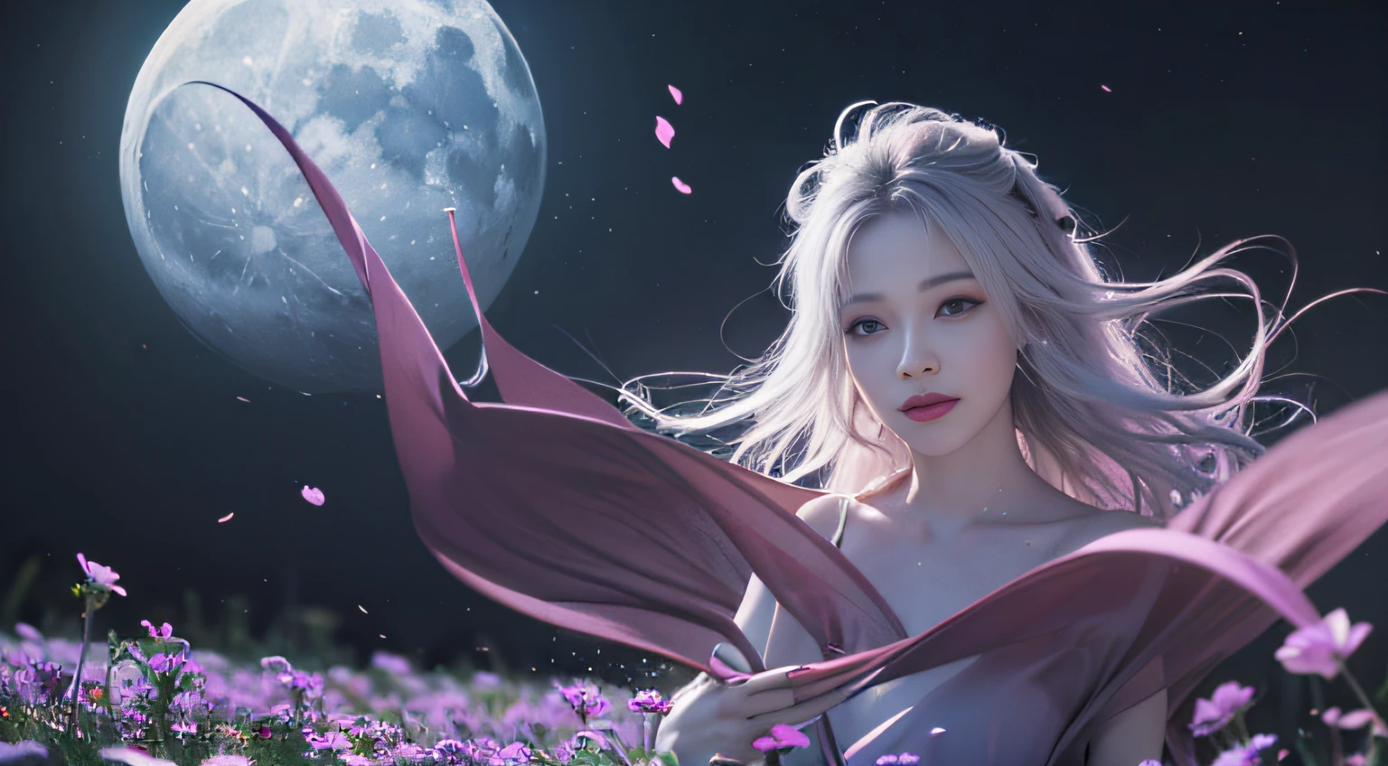 NSFW:1.5,Masterpiece, Best quality, 1girls, (Colorful),(delicate eyes and face), volumatic light, Ray tracing, Bust Up Shot ,Passing the eyes of God，Slender legs，Barefoot，Extremely detailed CG unity 8k wallpaper,独奏,Make a smile,((flying petal)),(Flowery meadow) Sky, cloudy day_Sky,moonbeams, Moon, night, (Dark theme:1.3), Light, fantasy, windy, magic sparks, dark castle,White hair,