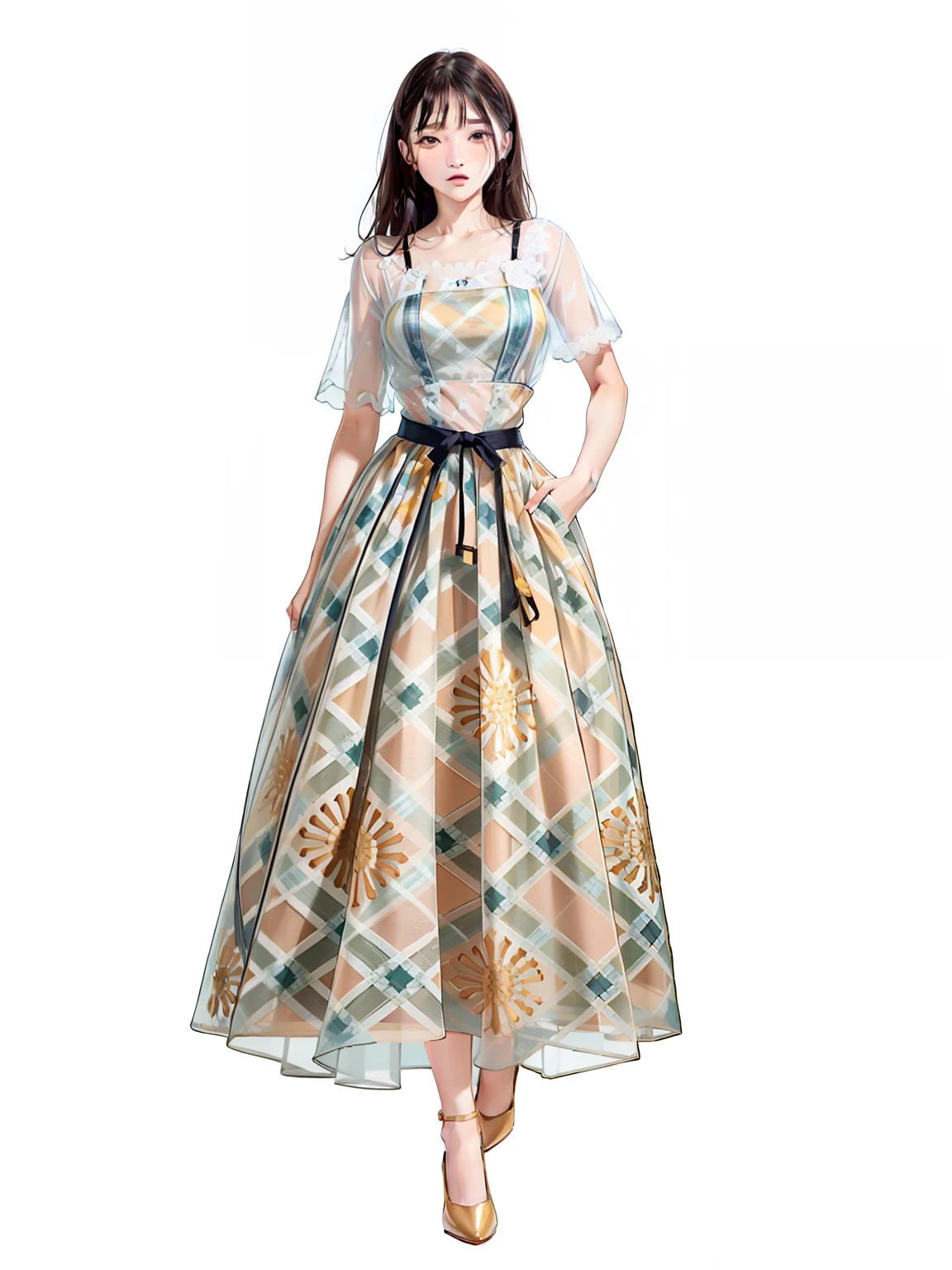 arafed image of a woman in a dress and heels, long dress with apron, dressed in long fluent skirt, tartan garment, with a thin waist, dress in voile, Women's long skirt, dress in the style of rococo, old women, patterned clothing, long gown, wide skirts, long luxurious flowing gown, Translucent dress, wearing organza gown