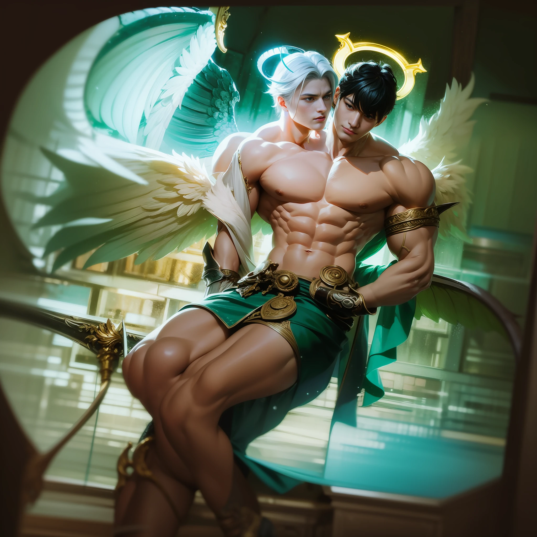 2heads,arafed male angel with a sword and a cloak of four on the bed, male demon with white horns, majestic full-bodied angel, beautiful male god of death, attractive male deity, skinny male fantasy alchemist, winged human, winged boy, archangel, male with halo, Greek myth digital painting, epic angel wings, male demon