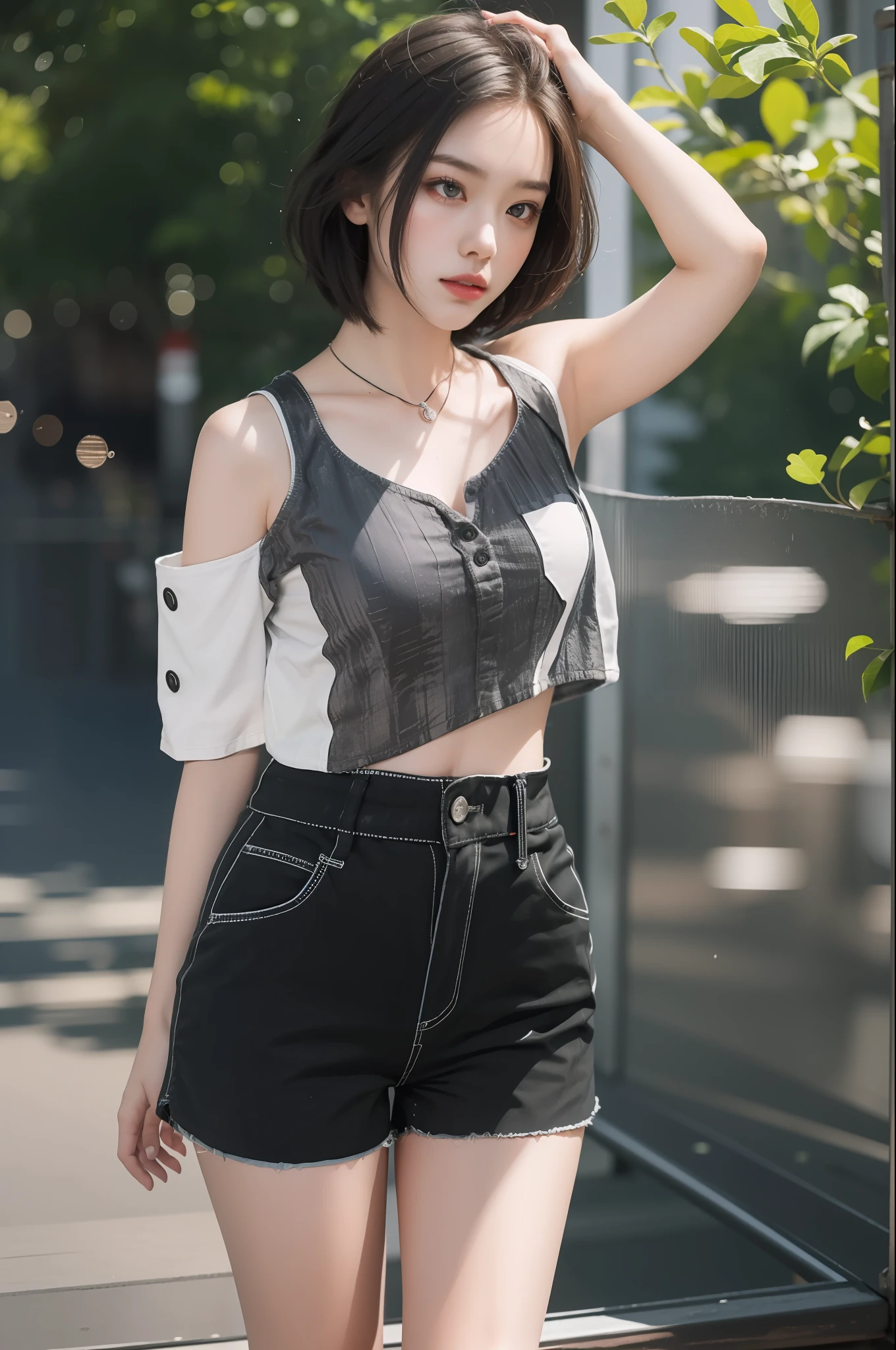 sky bridge,the girl,独奏,Scarlett,Brunette Hair,short shoulder length hair,(night:1.3),(Standing,Black top,Fitted shorts:1.3),
(Soft lighting, high saturated),vivid illumination,enchanting elegance,atmospheric depth,masterful technique,naturalistic representations,harmonious composition,creative refinement,striking juxtapositions,high resolutions,Characters focus on detail