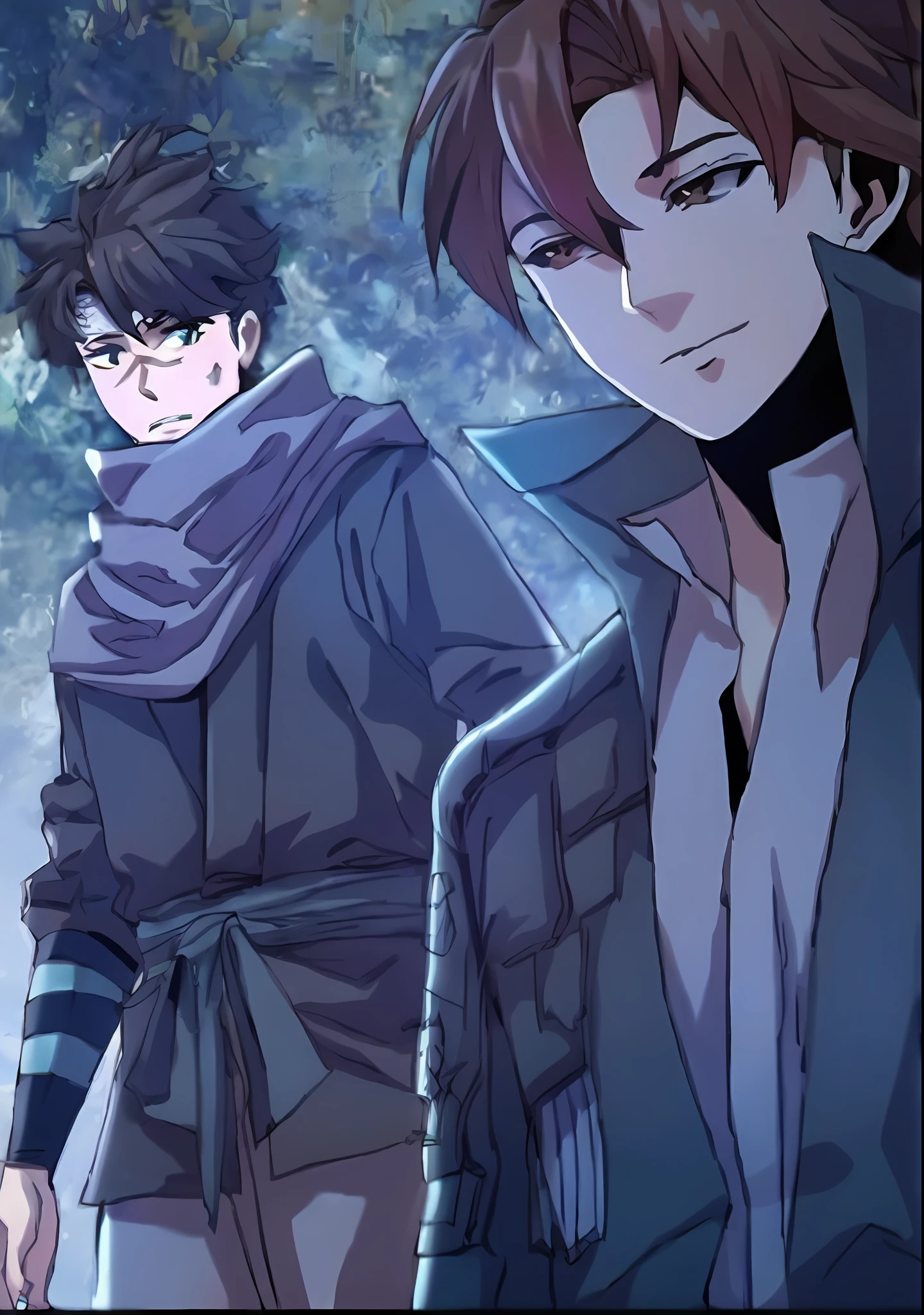 a couple of anime characters standing next to each other, two anime handsome men, hidari and vlop, makoto shinkai and (cain kuga), handsome guy in demon slayer art, akehiko inoue and ross tran, inspired by Okumura Masanobu, anime cover, hijikata toushirou, Range Murata and Artgerm