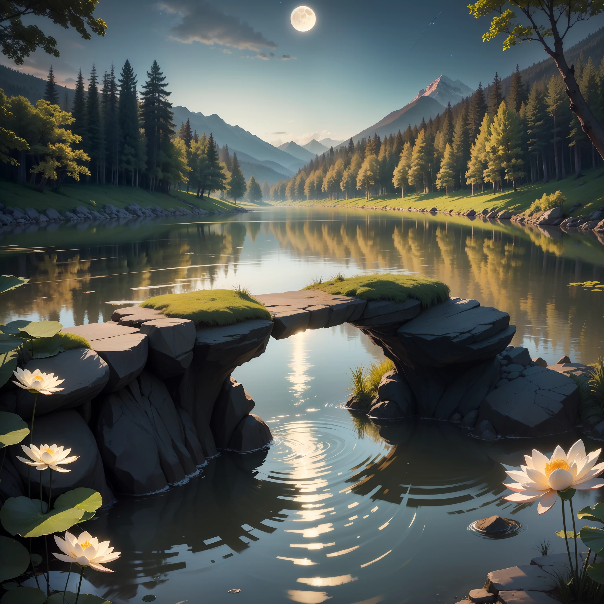 master-piece,best qualiy,big breasts very detailed,8K,In the soft moonlight,A tranquil lake reflects the starry sky and surrounding mountains。There are several light lotus flowers floating on the surface of the lake,It exudes a faint fragrance。In the woods in the distance,A fawn drinks water gracefully,Its posture complements the surrounding nature。A gentle breeze blows,Gently shake the leaves,It seems to speak of the tranquility and beauty of nature。The picture is full of tranquility、Peaceful and natural atmosphere,It gives a feeling of calm and relaxation。