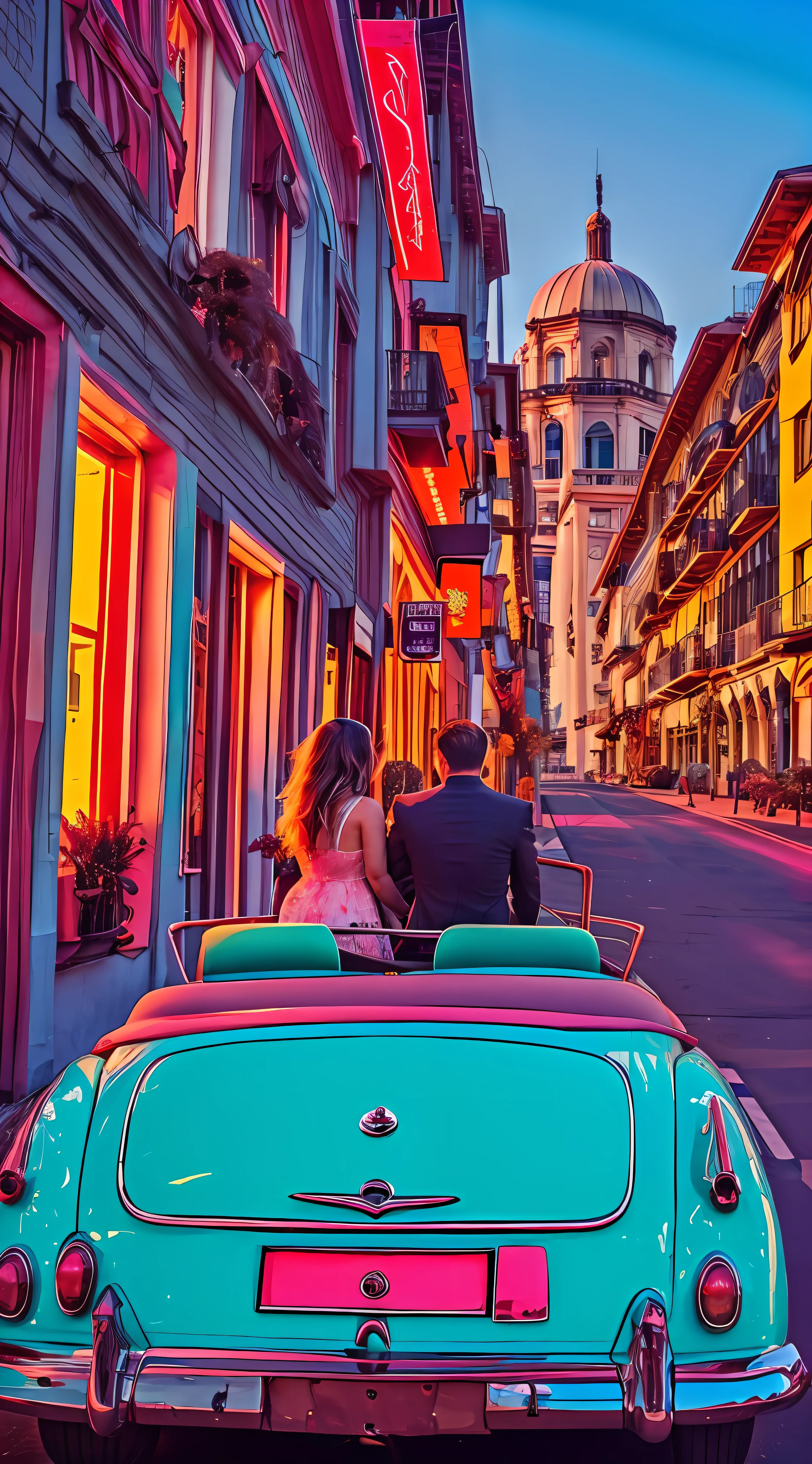 "A couple in love enjoying a summer evening in a vintage convertible car, com o horizonte da cidade retratado em cores vibrantes do Synthwave."
Use neon and saturated tones to highlight the characteristic colors of Synthwave, como rosa, azul e roxo. --auto