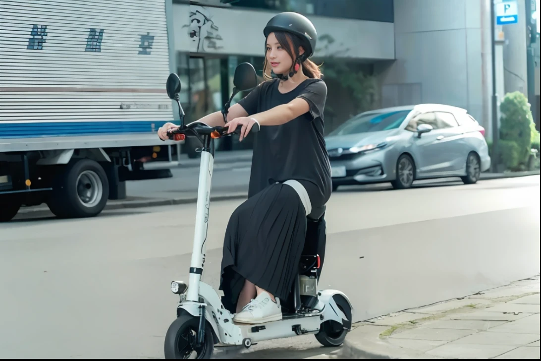 high picture quality、masterpiece、Model Style、Slender Beauty、Woman on her way to work、whiteshirt、Dark blue jacket、Tight miniskirts、Woman in Alafed riding scooter on city street、Easy way to get there、Custom Scooter、Charge the city、Riding a moped scooter、in street、Nico Henrichon、Unique design、Laid back、Fashionable、City in the background、Park in the background、rectangle、Super Smart