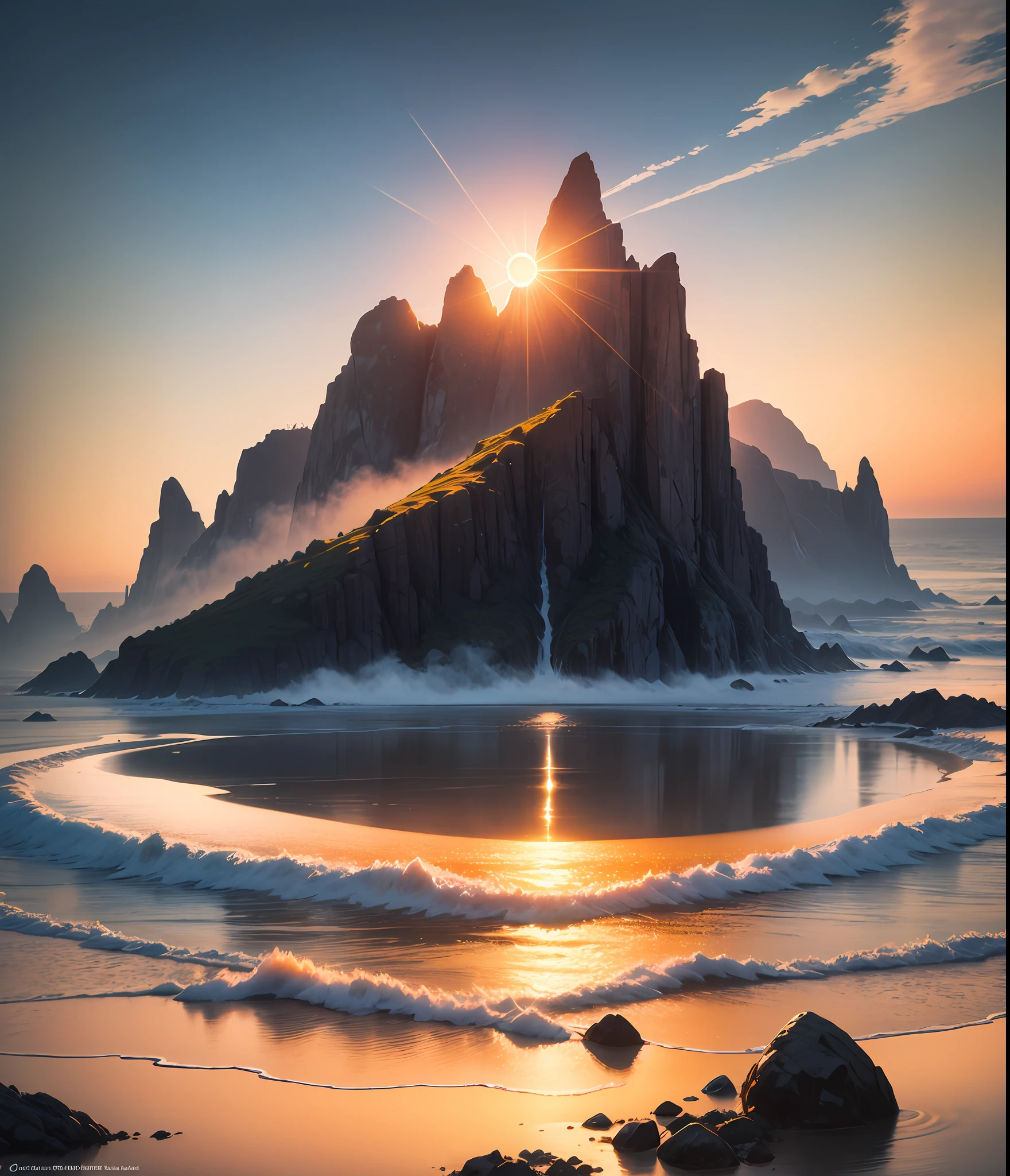 A brilliant landscape of sun, sky, the sea stretched out to the horizon a richly colored ominous misty Ligne Claire fantasy By Georg Flegel as featured on artstation 3D.png --auto